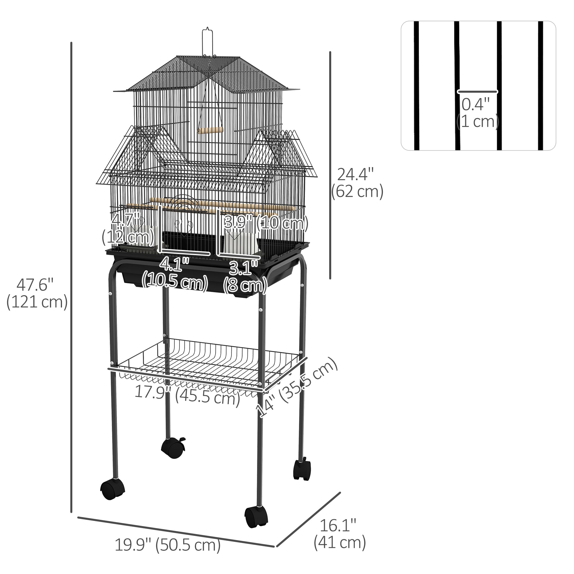 48" Bird Cage with Perch, Swing, Food Container, Slide-out Tray, Handle, Parrot Cage for Finches, Canaries, Budgies