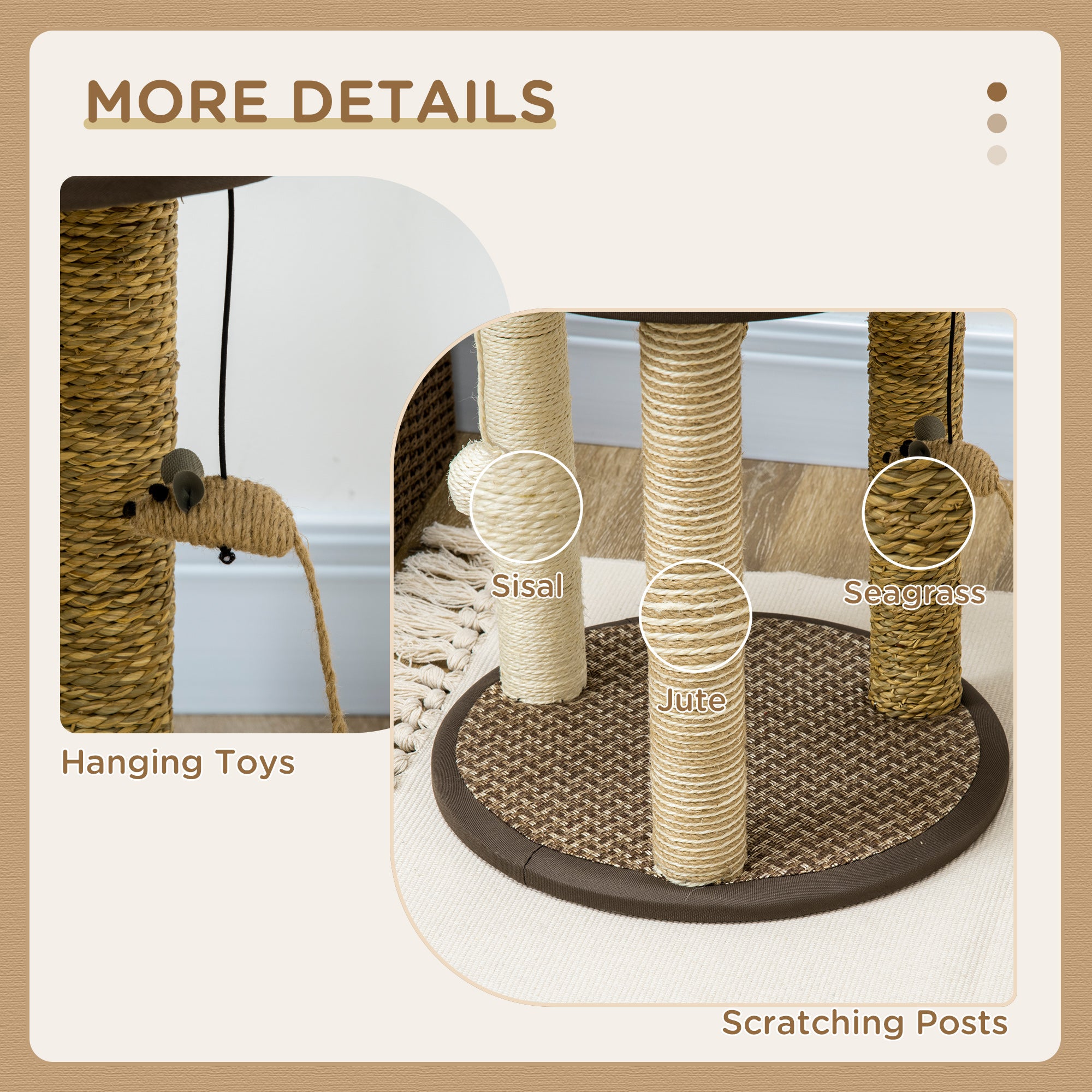 17" Cat Tree, Kitty Activity Centre with Hanging Toys, Cat Tower with Jute, Sisal, Seagrass Scratching Post, Brown