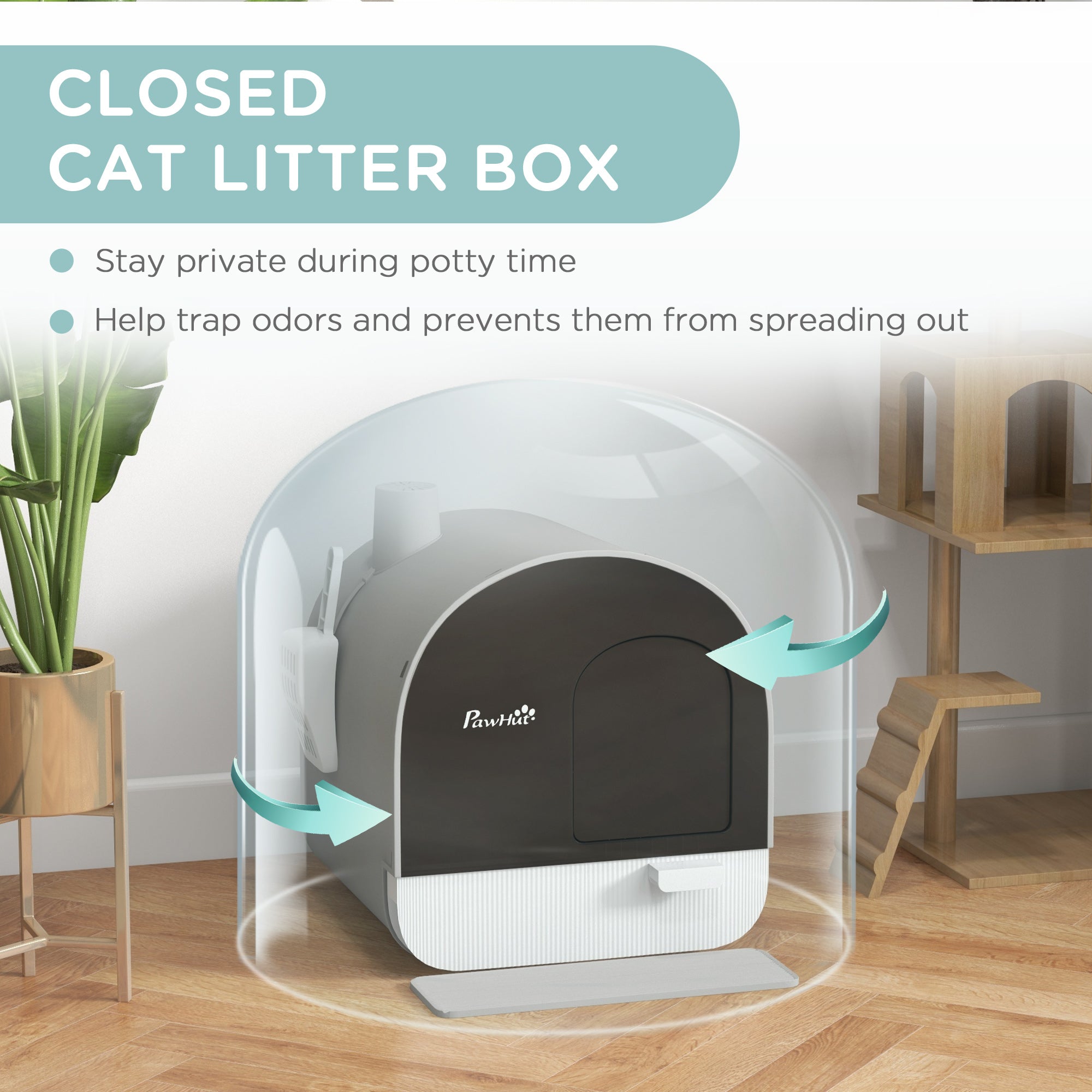 Cat Litter Box with Lid, Removable Tray, Scoop, Filter, Light Grey