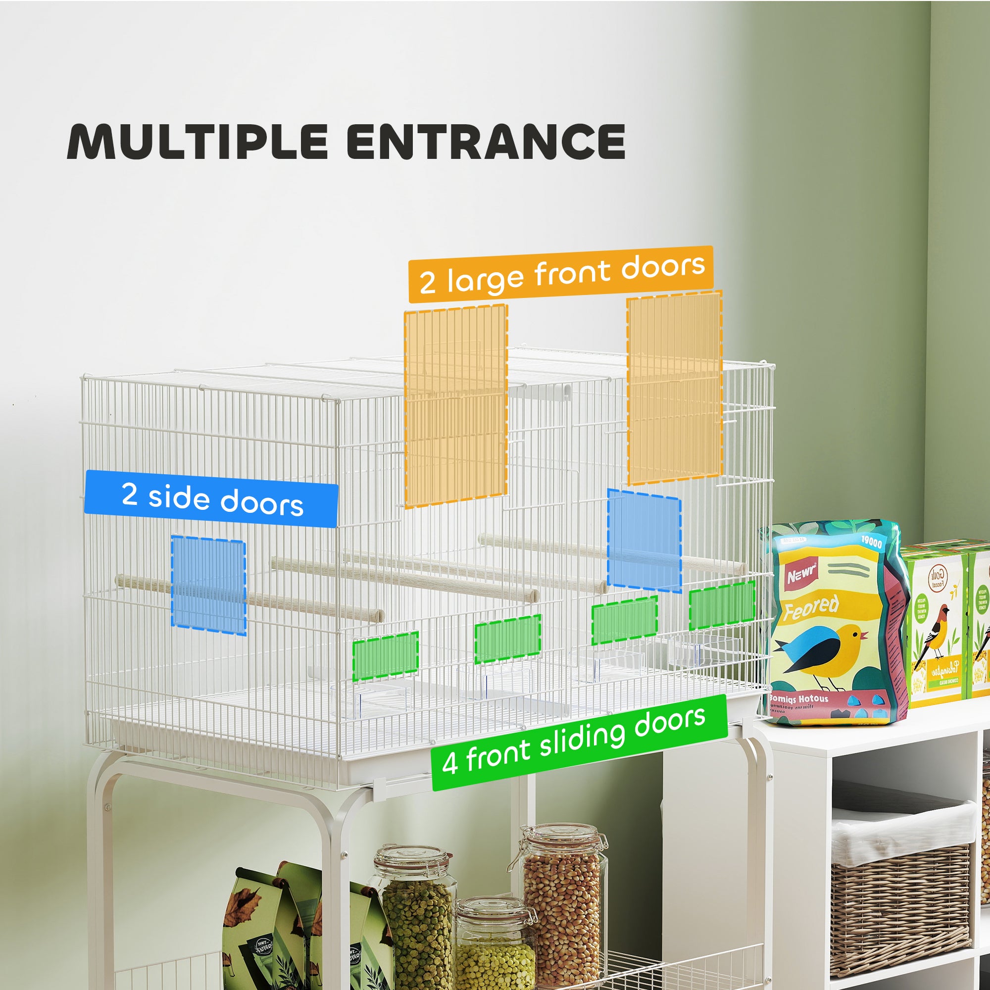 46" H Bird Cage, Large Parakeet Cage for Budgie, Lovebird, Canary, Finches with Divider, White