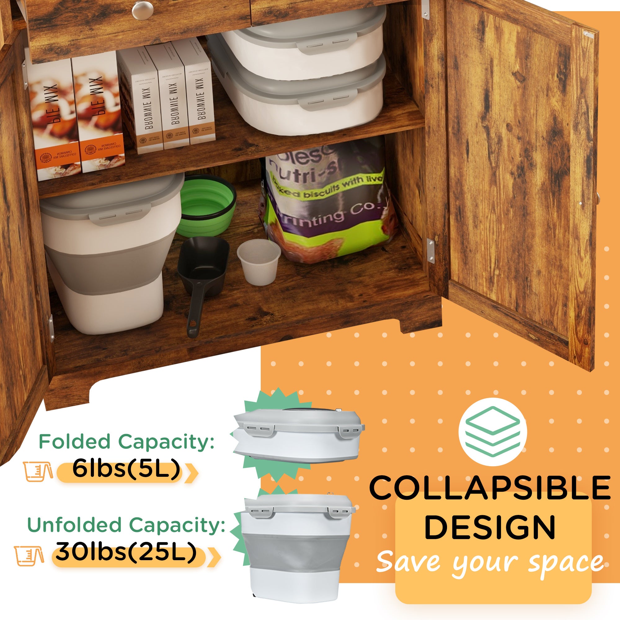 6-30lb Dog Food Storage Container Collapsible Design with Airtight Lids, Rolling Wheels, Cup, Bowl, Spoon, Grey