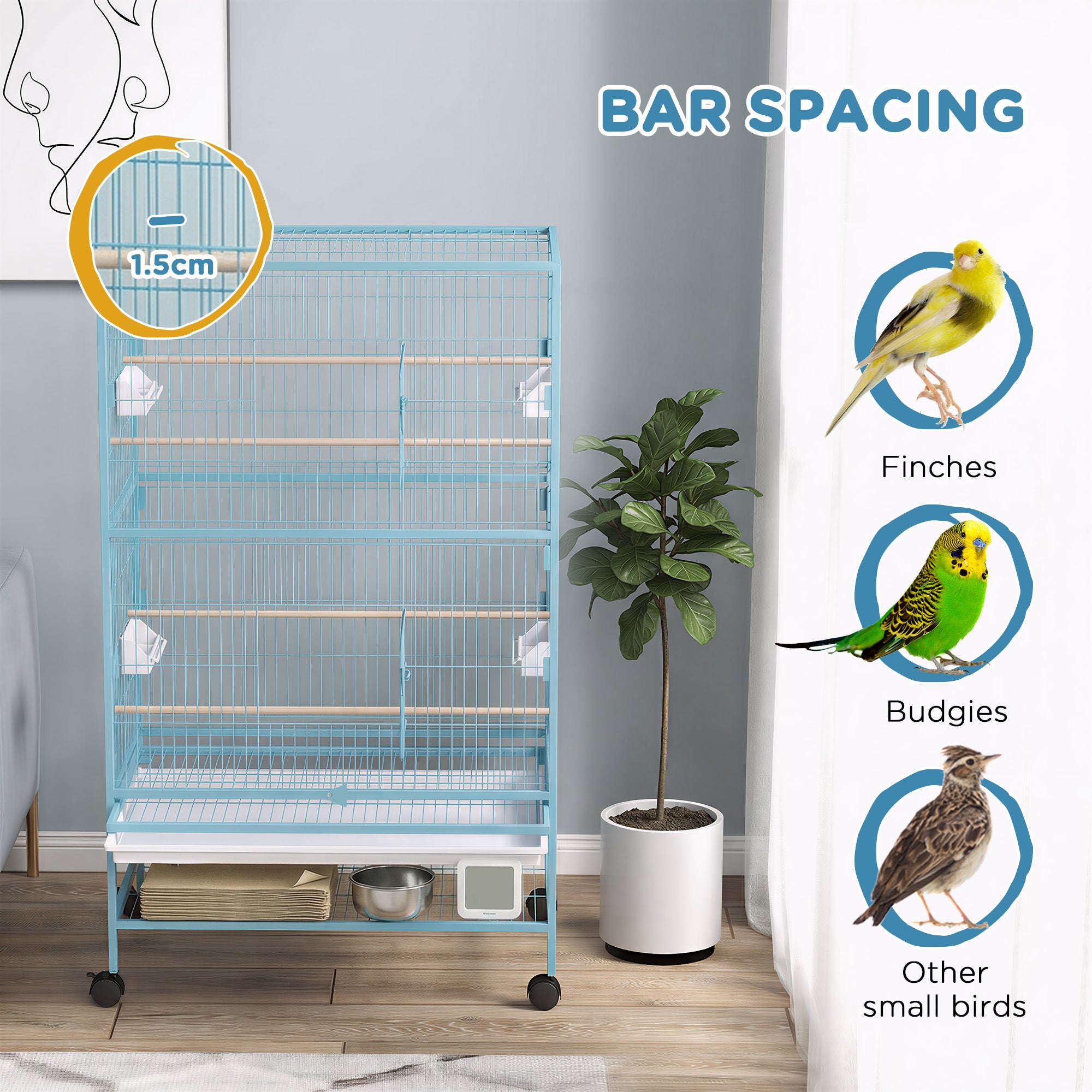 52'' Large Rolling Steel Bird Cage Bird House with Rolling Stand, Storage Shelf, Wood Perch, Food Container, Light Blue