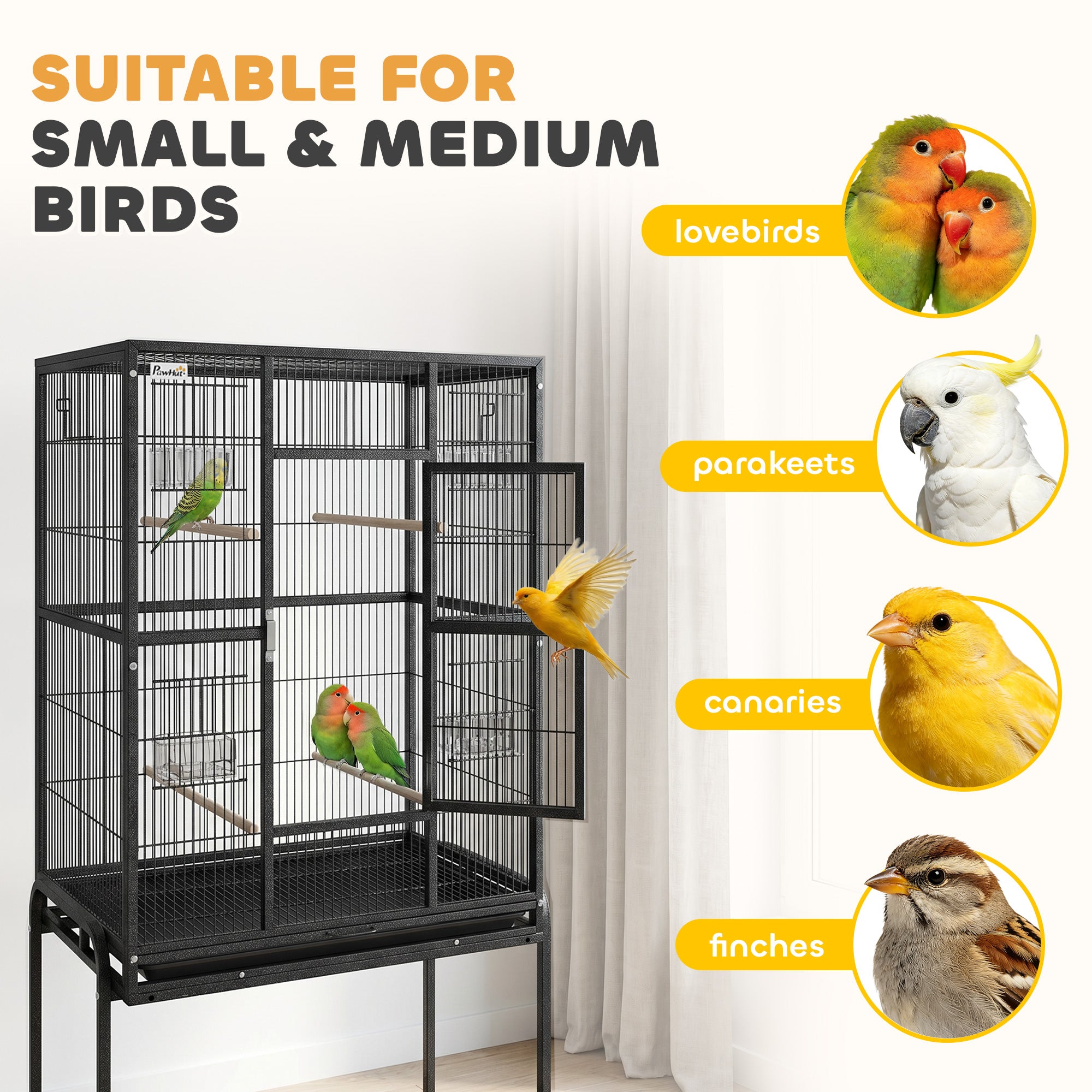 56"H Bird Cage, Parrot Cage w/ Detachable Rolling Stand, Removable Tray, Storage Shelf, Perches, Food Container