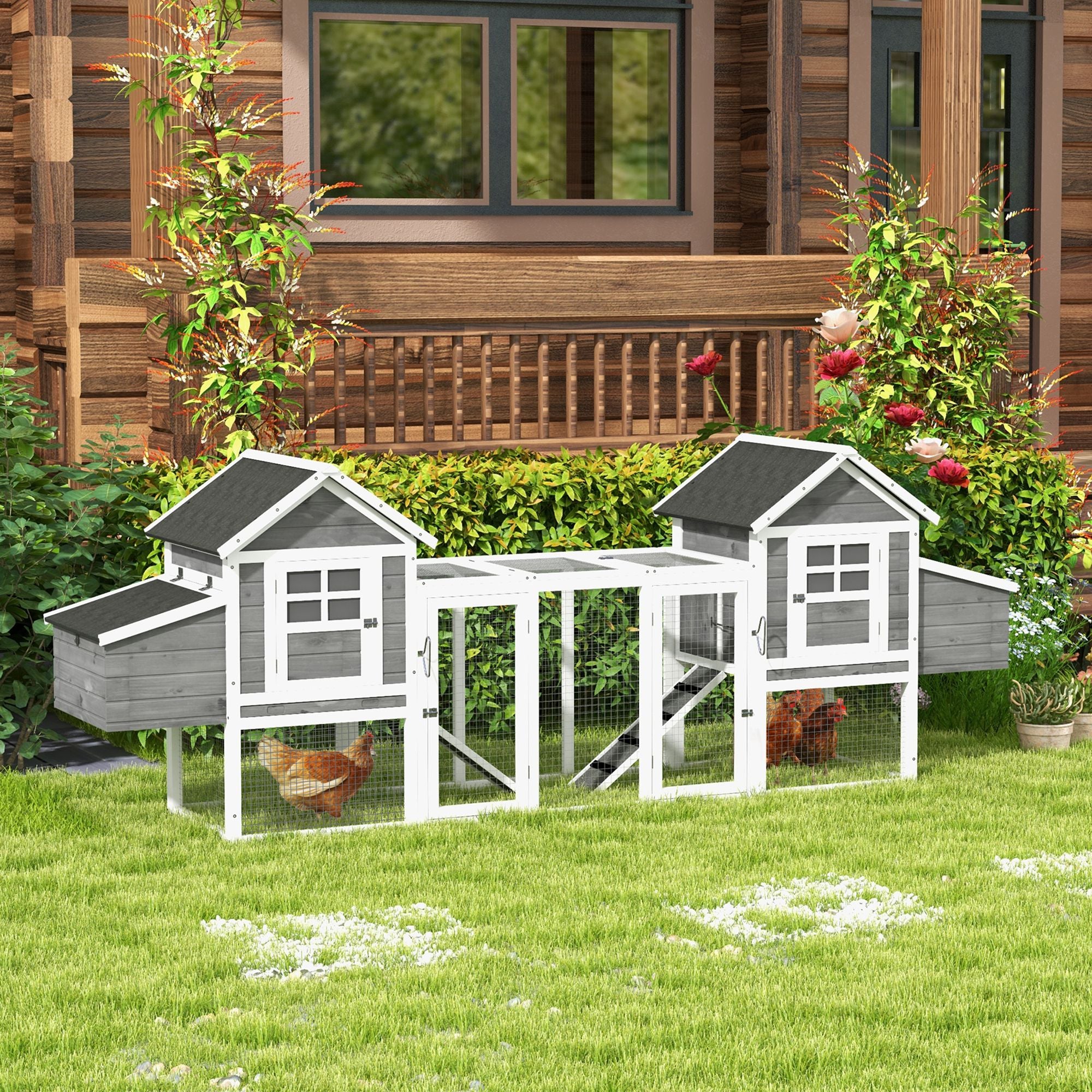 123" Extra Large Chicken Coop Wooden Poultry House Rabbit Hutch Hen Backyard with Run Ramps and Nesting Boxes, Grey