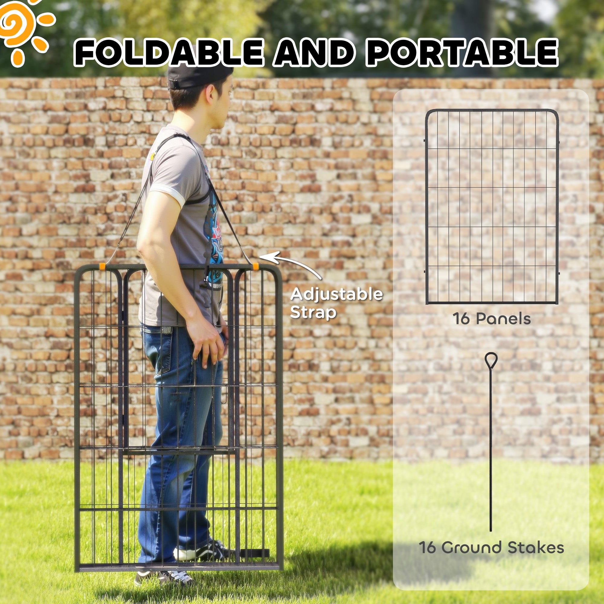 16 Panels Dog Playpen with Straps, Portable & DIY, for Large Dogs, for Yard, RV, Camping, Garden, 39" Height