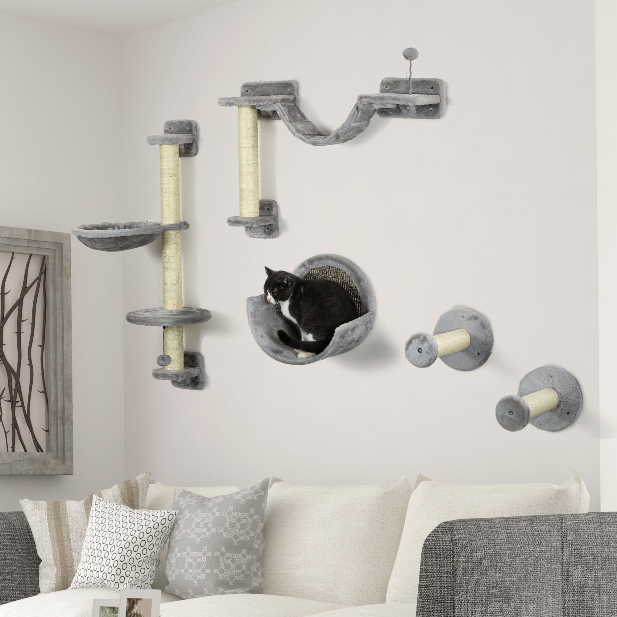 5PCs Cat Wall Shelves with Hammock, Scratching Posts, Perches, Ladder, for Indoor Cats, Light Grey