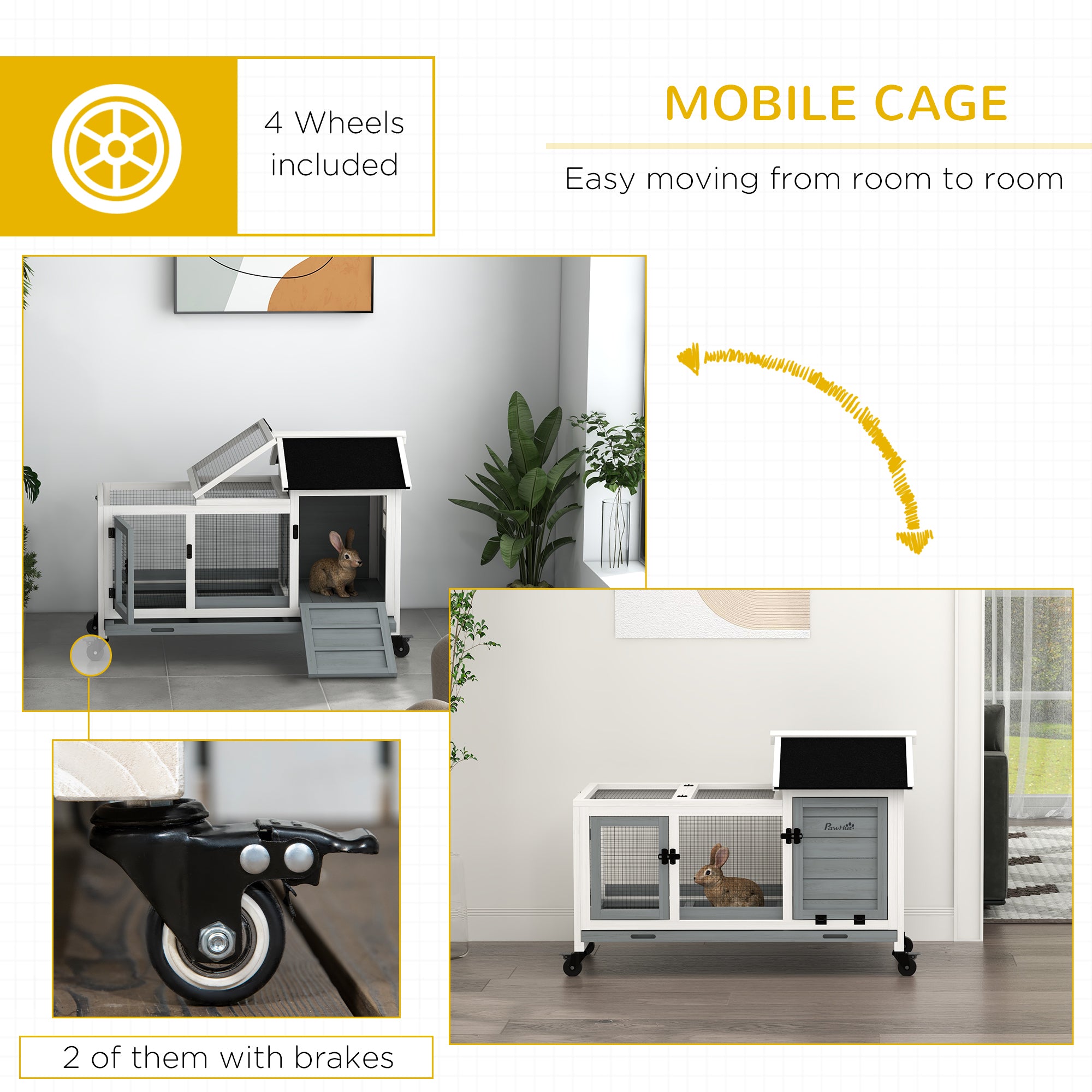 Cage à lapin avec roulettes, rampe, espace d’exercice et bac, pour intérieur et extérieur, adapté aux lapins et aux cochons d’Inde, gris