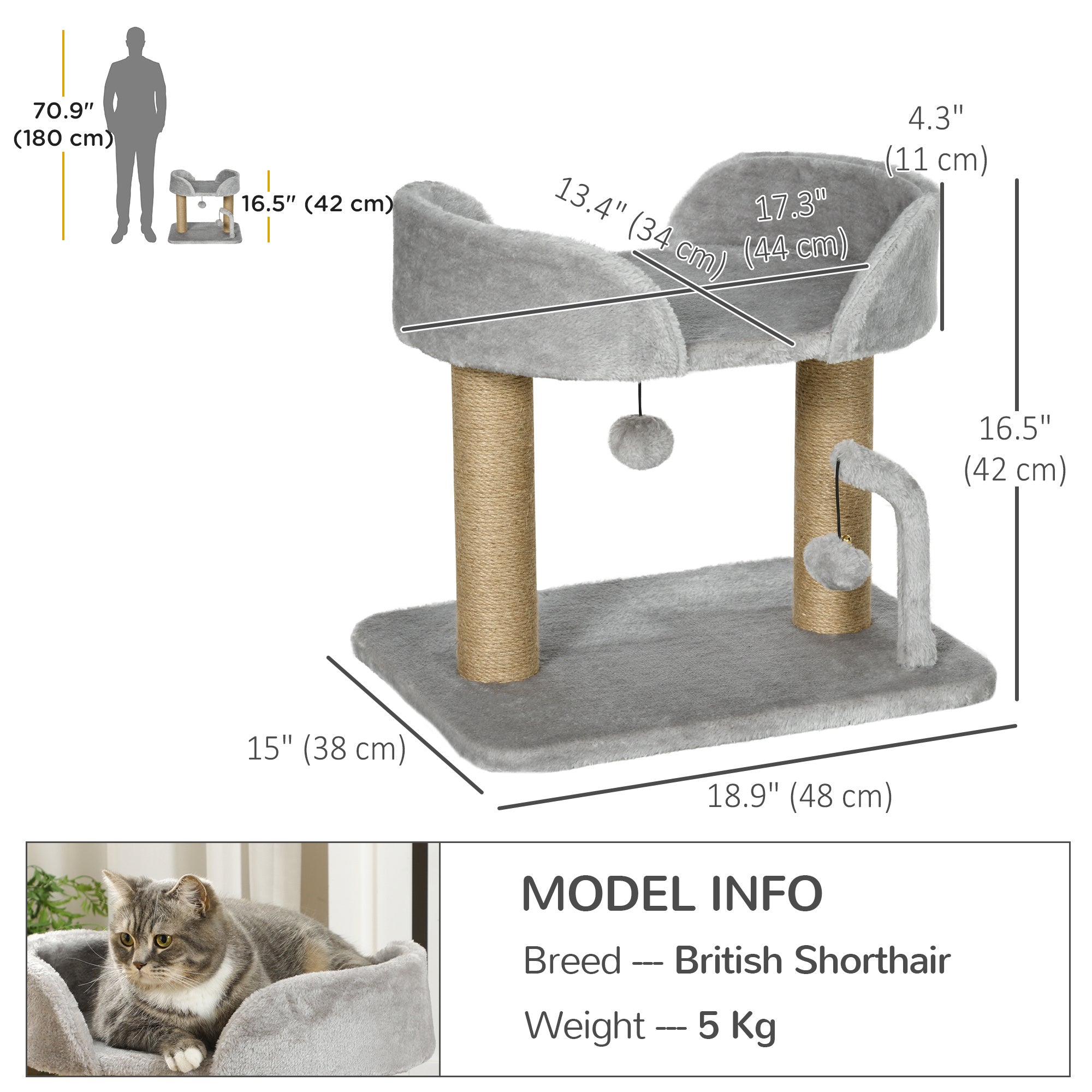 Cat Tower Condo for Indoor Cats, Small Cat Tree with Jute Scratching Posts, Top Perch, Dangling Balls, Light Grey