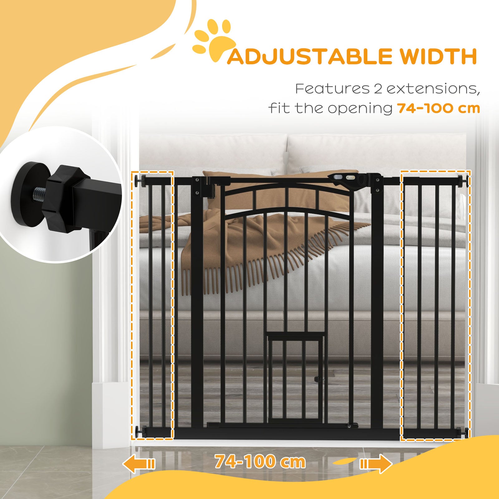 Auto-Close Pet Gate, Stair Gate with Cat Door, Double Locking for Doorways Hallways Stairs, Fits 29"-39.4" Wide, Black