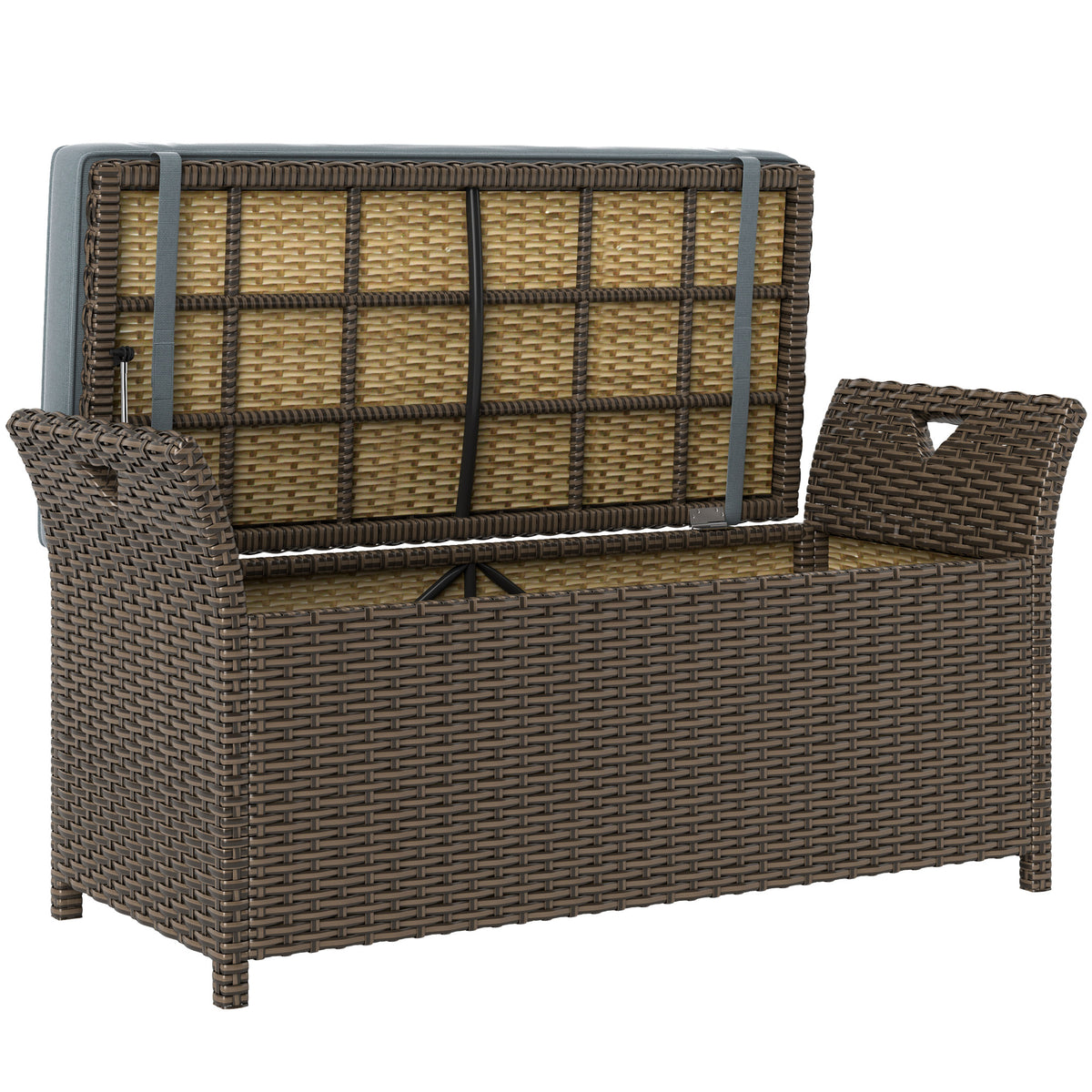 Banc de rangement d’extérieur 2-en-1 en rotin PE, meuble de jardin en osier de 29 gallons, coffre panier avec poignées et coussin gris foncé