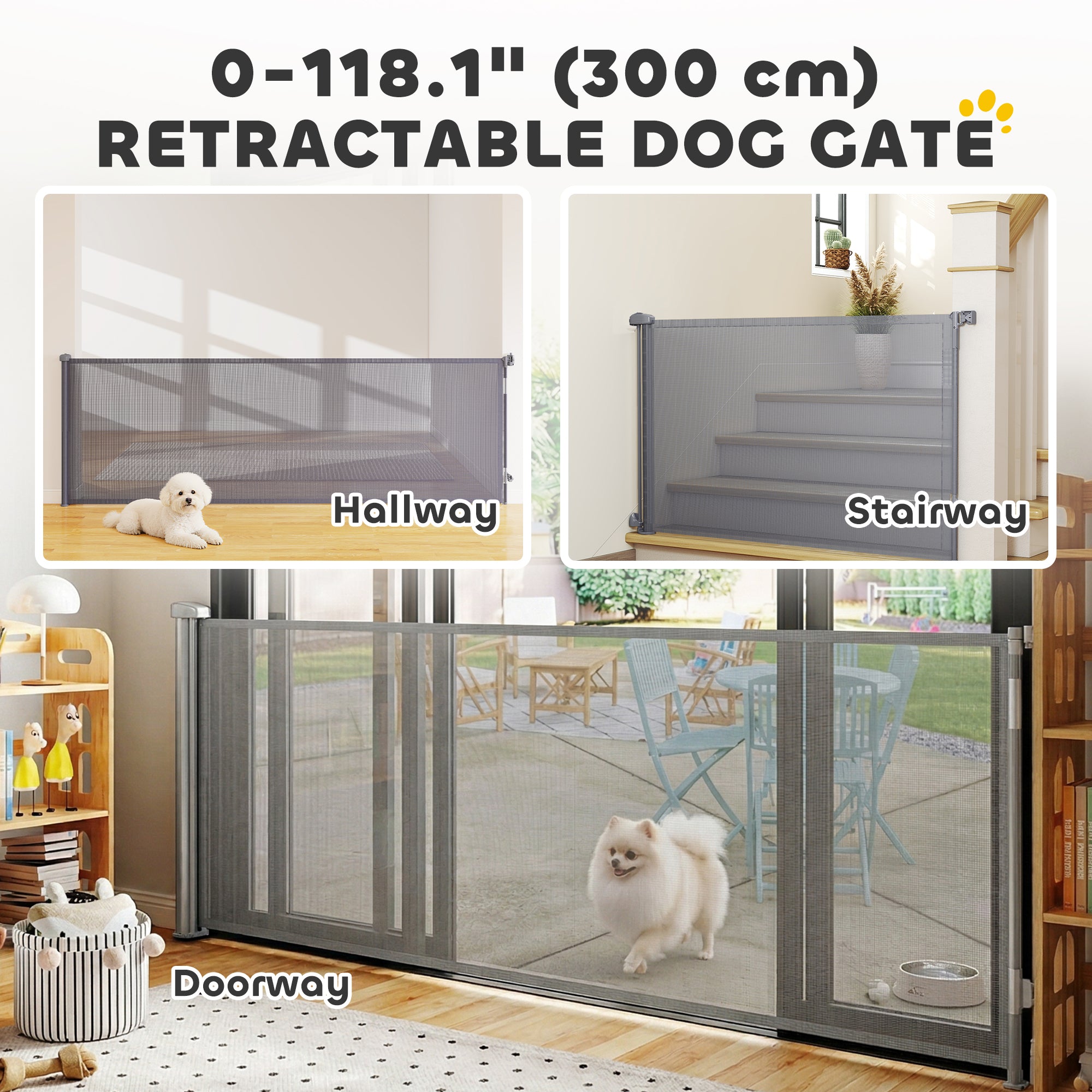 Retractable Dog Gate, 41" Tall,  Extends to 122" Wide, Mesh Pet Gate with Single Hand Operation, for Stairs, Doorways