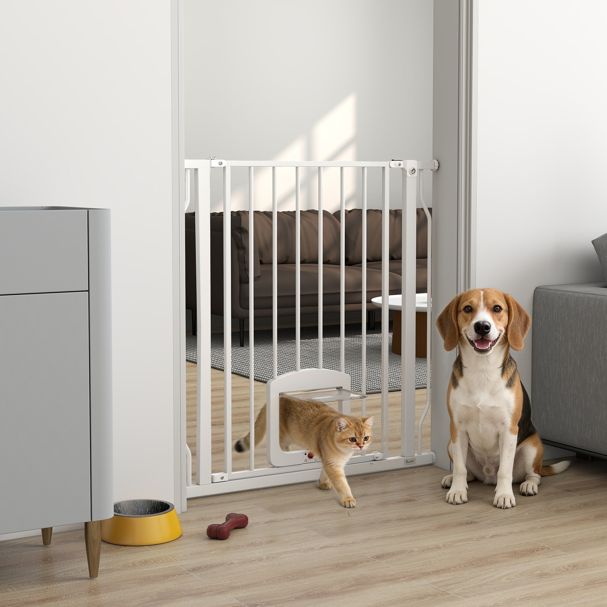 29.5-33.5" Adjustable Dog Gate with Cat Door, Easy Install Pressure/Hardware Mounted Pet Gate for Doorways, White