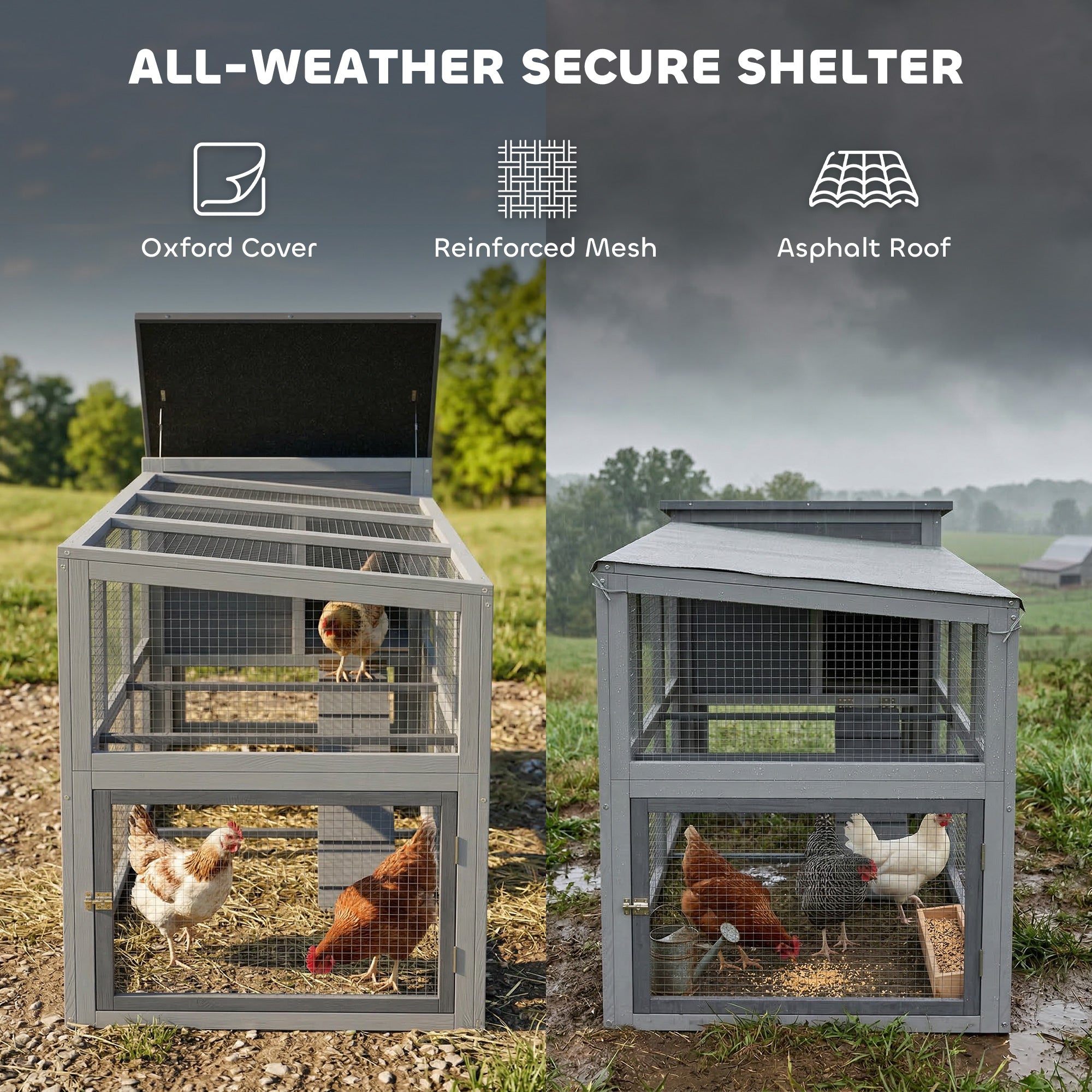Large Chicken Coop, Wooden Hen House with Covered Run, Nesting Box, Pull-Out Tray, Opening Asphalt Roof