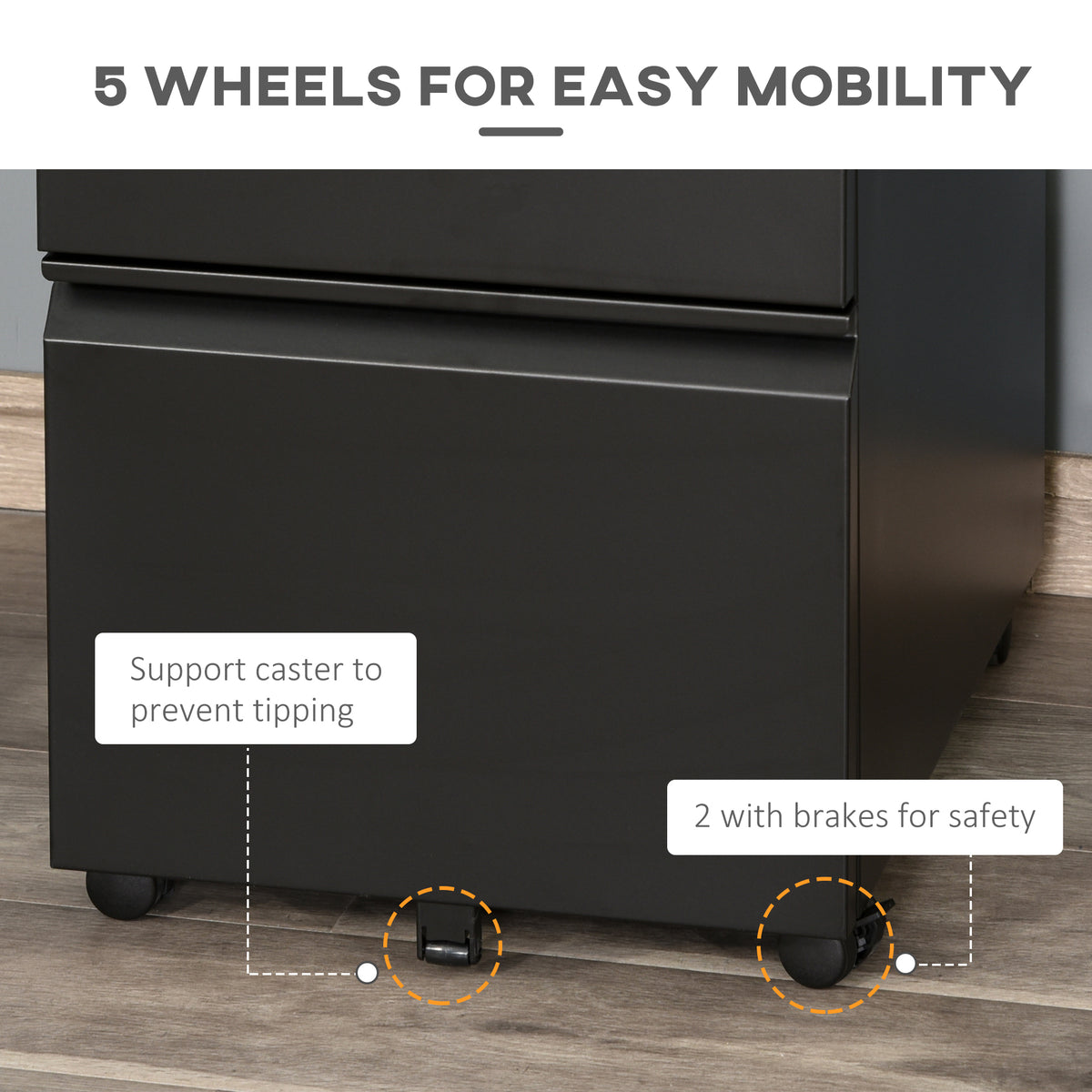 3-Drawer Lockable Steel Filing Cabinet on Wheels - Black