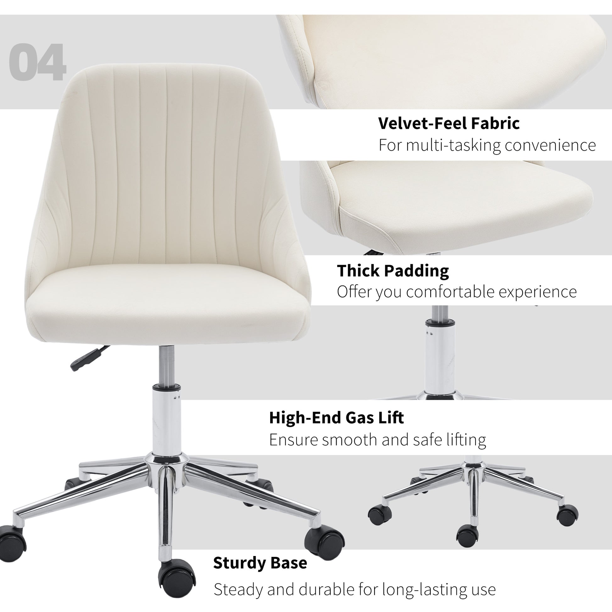 Vanity Chair for Makeup, Velvet Comfy Office Chair with Adjustable Height, Swivel Wheels for Bedroom, Living Room, Cream-Office Products > Office Furniture > Office Chairs > Task Chairs-DECOROLALA