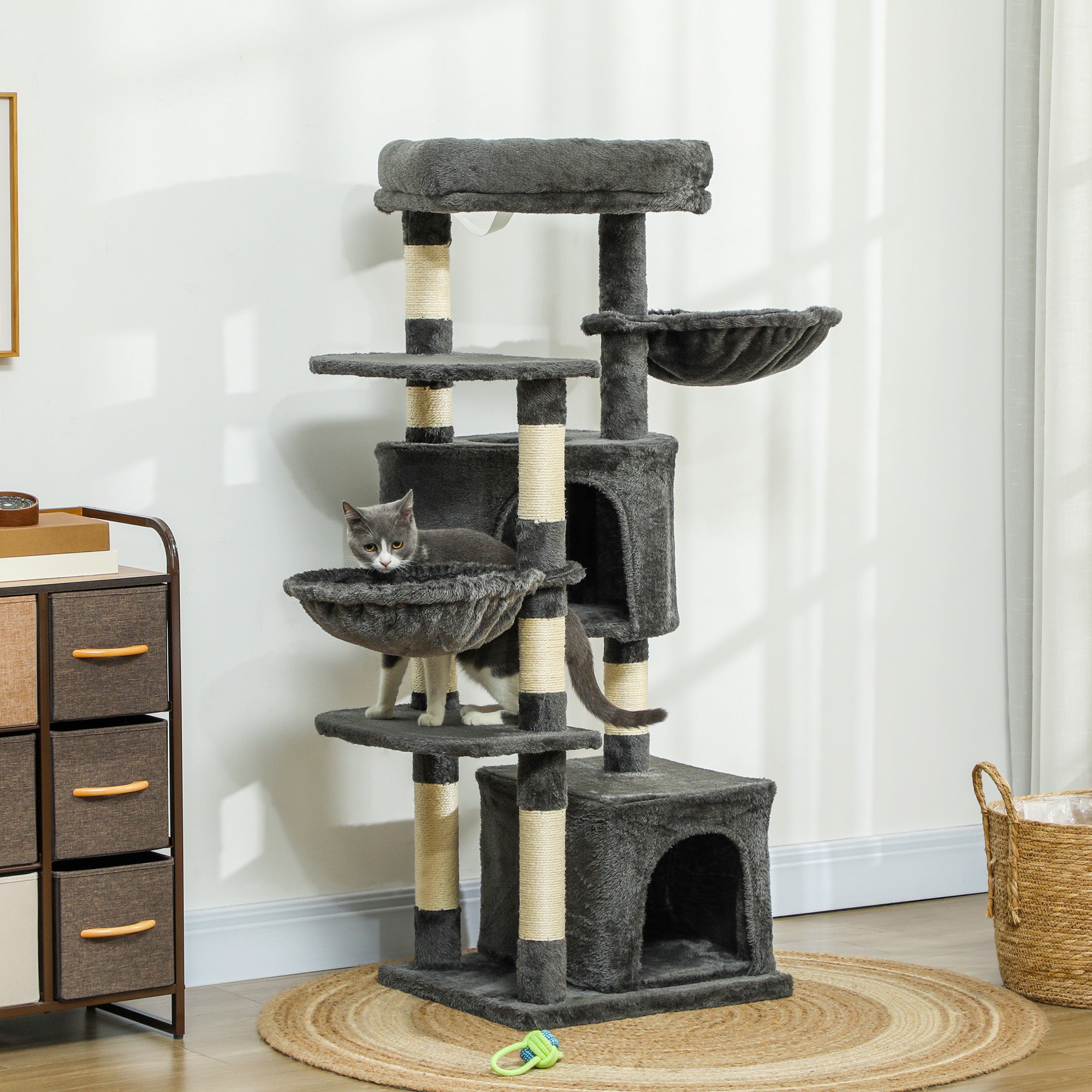 52.5" Cat Tree Tower with Scratching Posts, Cat Condos, Bed, Platforms, Hammocks, for Indoor Cats, Dark Grey