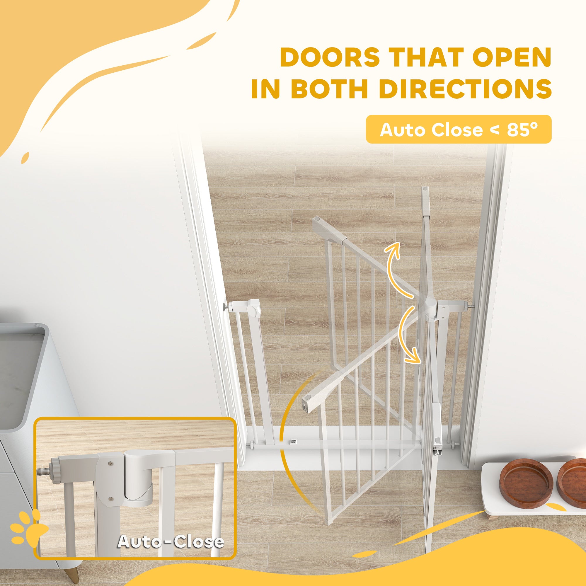 Baby Gate, Pet Safety Gate Pressure Fit, 30"-32" Wide with Two-Way Open, Auto-Close for Stair, Doorways, Hallways, White