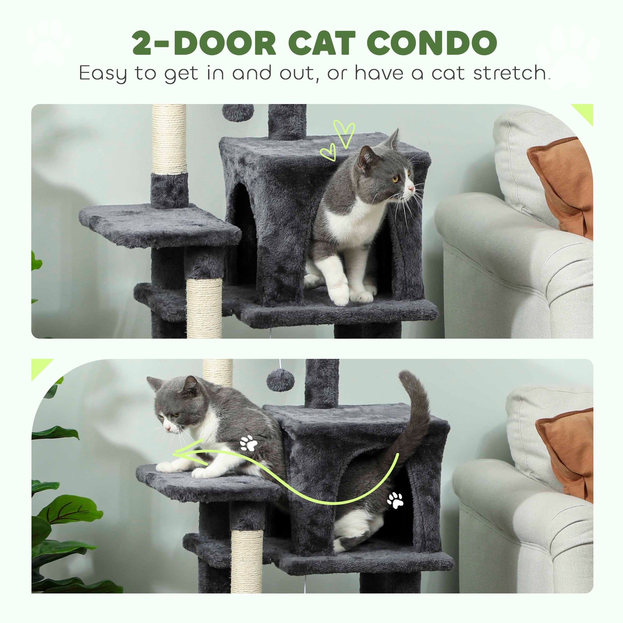 Cat Tower, 42" Multi-Level Cat Tree with Padded Plush Perch, Hammock, 2 Door Condos, Scratching Posts, Toy Balls