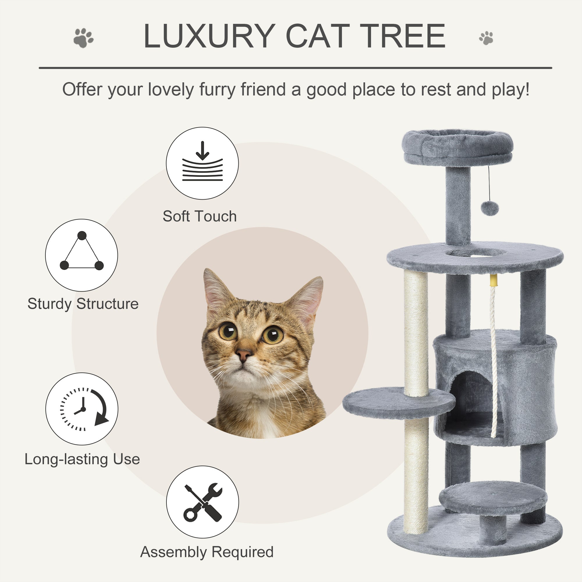 41" Cat Tree Tower Activity Center with Condo, Scratching Posts and Hanging Toys, Dark Grey