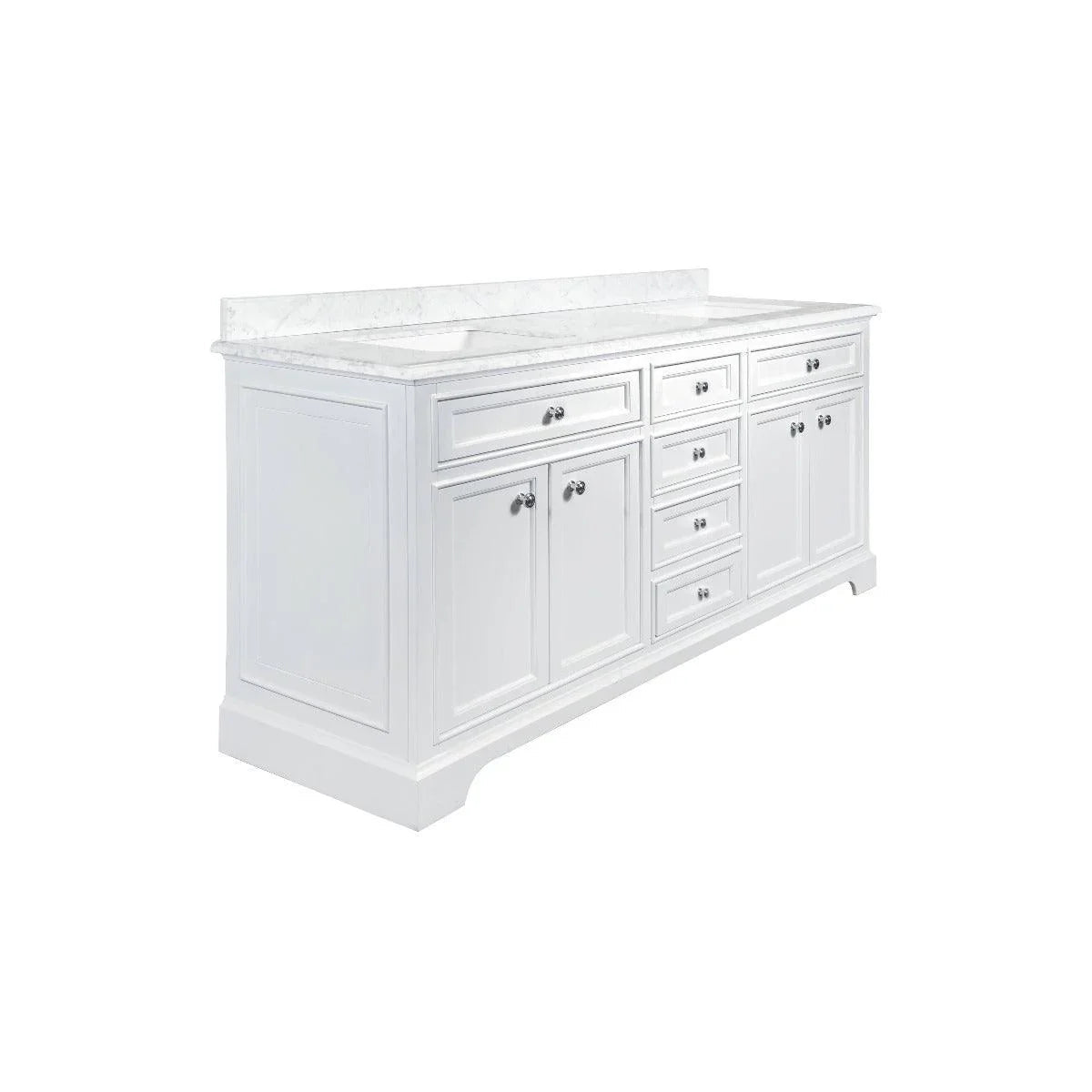 72" White Freestanding Double Sink Bathroom Vanity with Carrera Marble Countertop