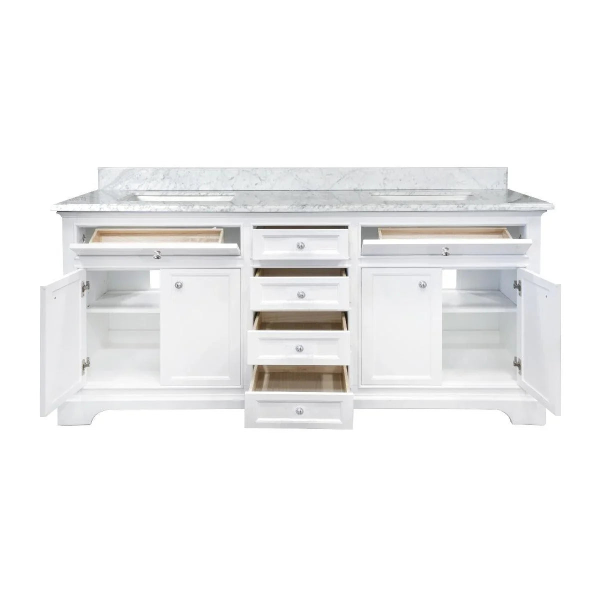 72" White Freestanding Double Sink Bathroom Vanity with Carrera Marble Countertop