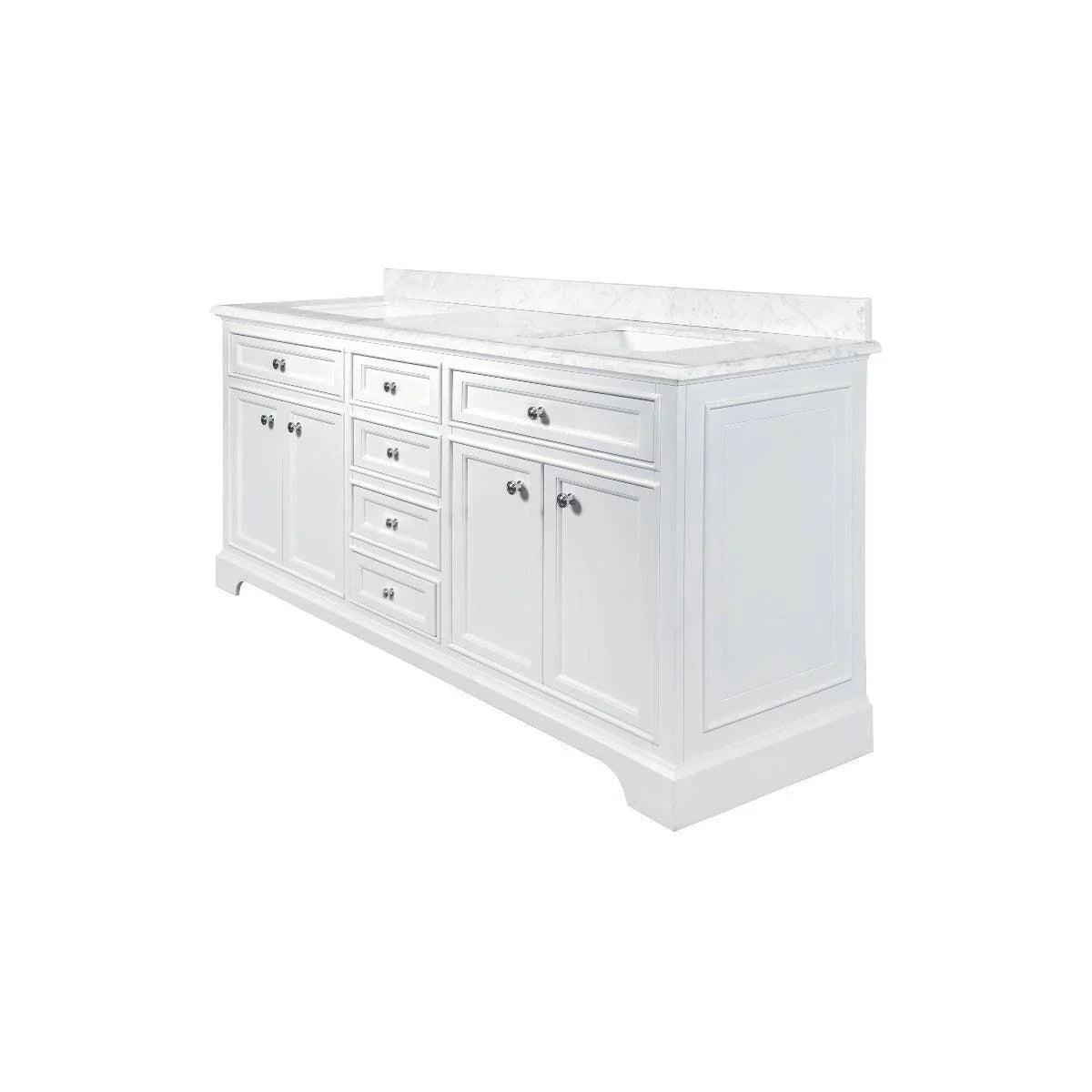 72" White Freestanding Double Sink Bathroom Vanity with Carrera Marble Countertop