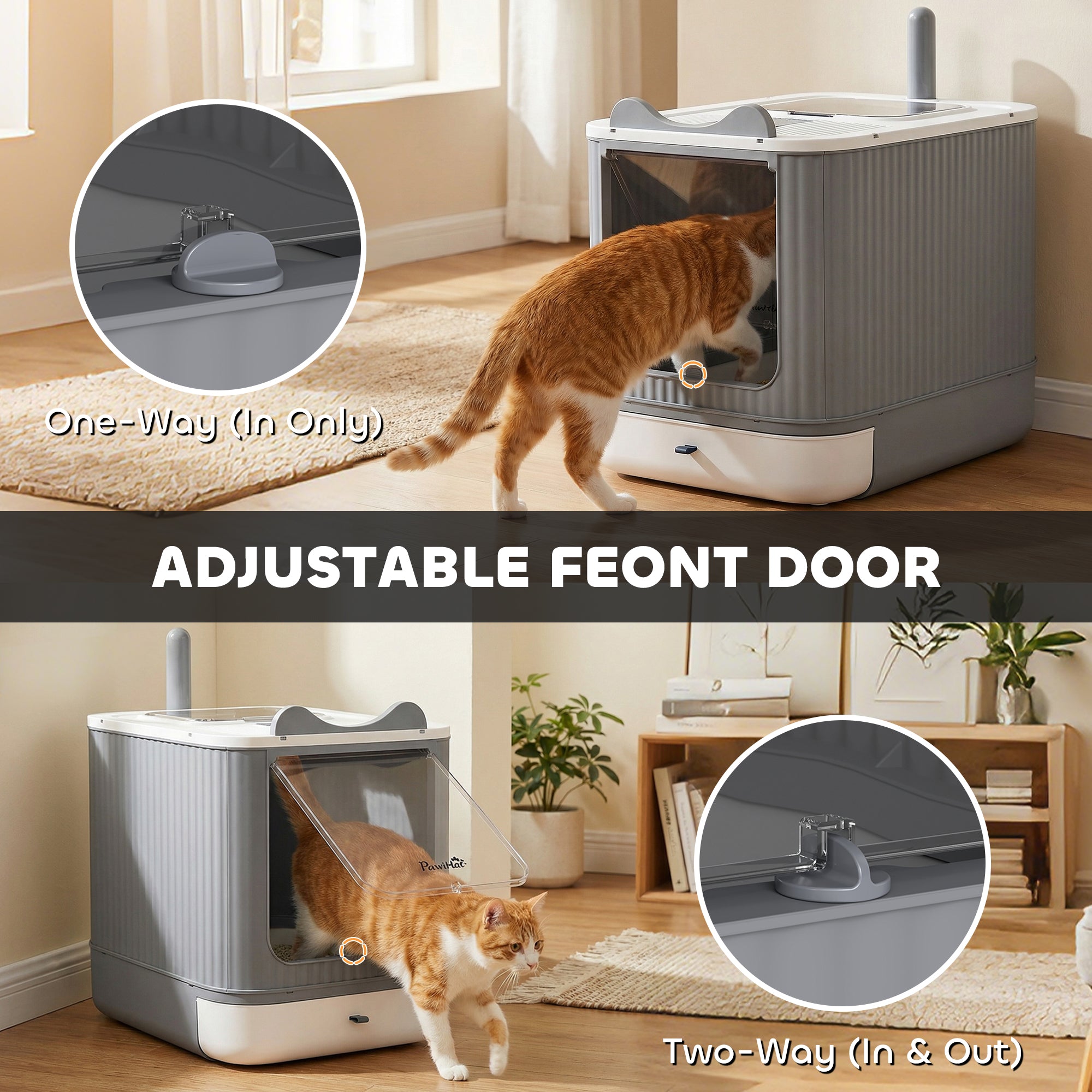 Litter Box with Lid, Enclosed Kitty Litter Box with Front-Entry, Top-Exit, Scoop, Deodorizer Bag for Medium Cats, White