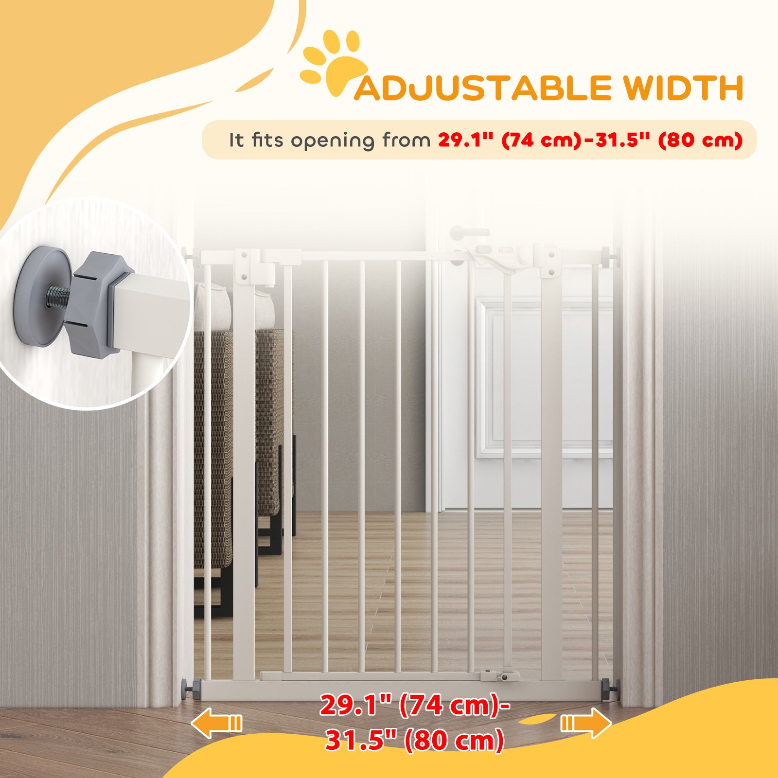 30 Inch Tall Pet Gate with Door Dog Gate and Barrier Indoor for Stairs, Pressure-Mounted Safety Gate, White