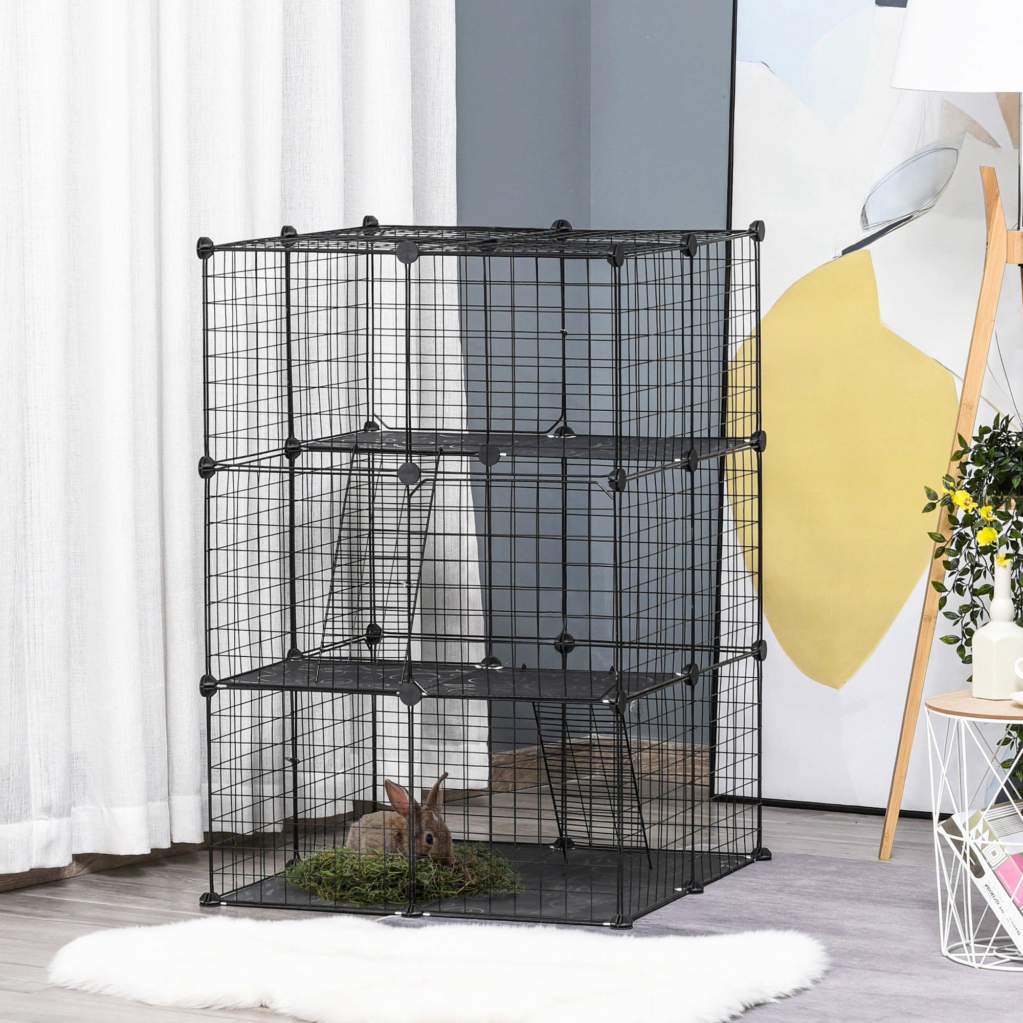 Cage pour petits animaux, 39 pièces, clapier à lapin portable en fil métallique avec rampes, pour chaton et chinchilla, noir