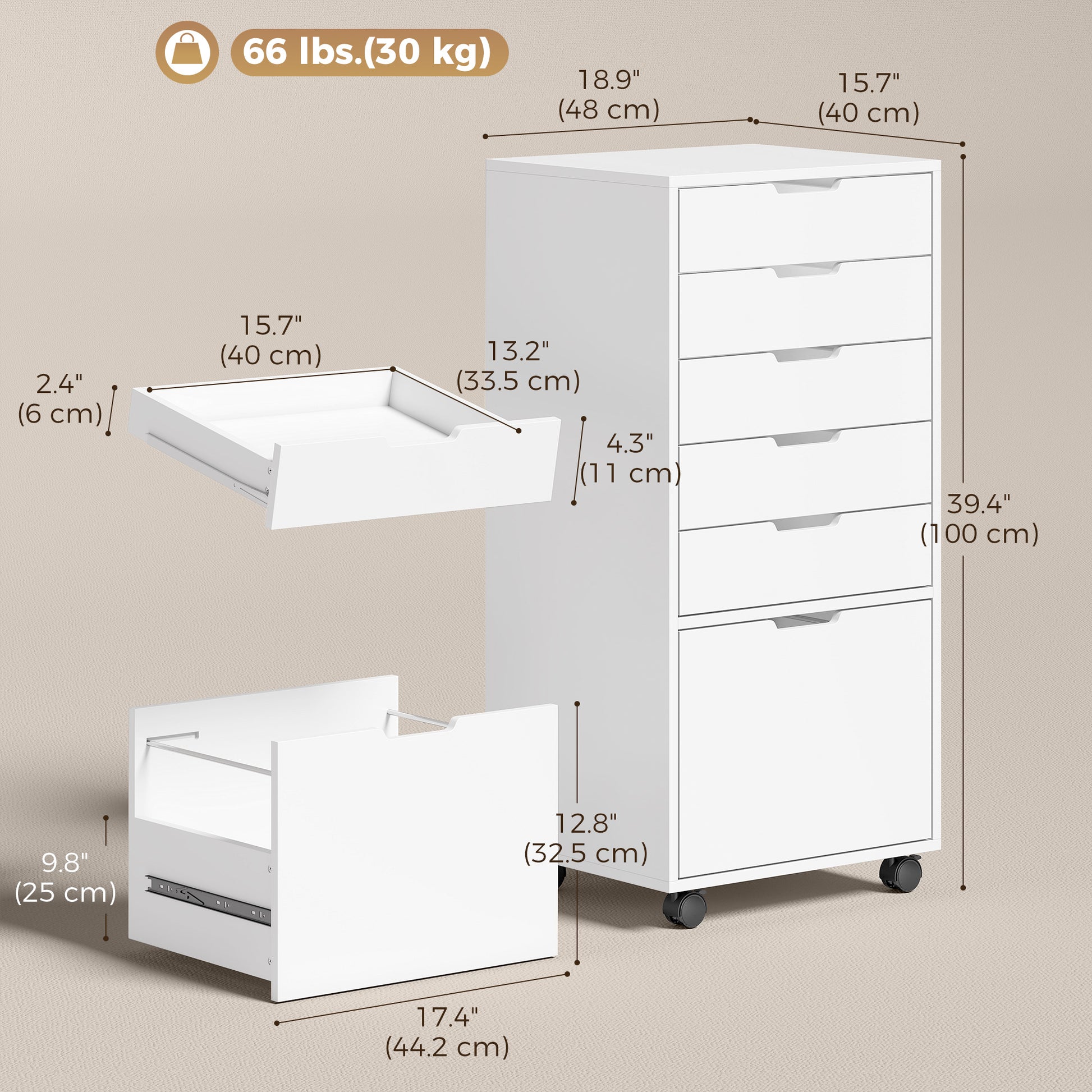 File Cabinet on Wheels Mobile Printer Stand with 6 Drawers for Home Office White-Office Products > Office Furniture > Office Cabinets & Cupboards-DECOROLALA
