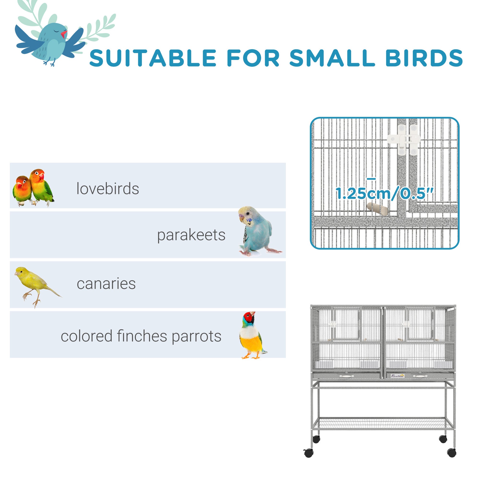 Grande cage à oiseaux métallique double à roulettes avec maison pour oiseaux, plateau amovible et étagère de rangement