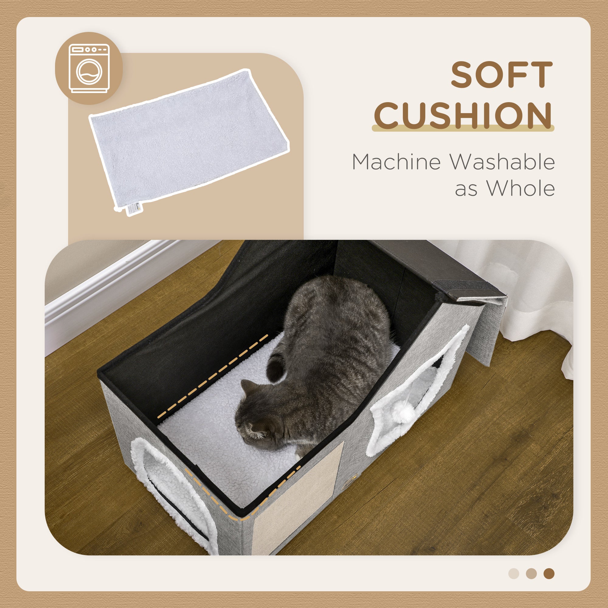 Large Cat Bed for Indoor, Cat House Hideaway with Soft Cushion, Scratching Pad, Dangling Ball, Dual Entrances, Grey