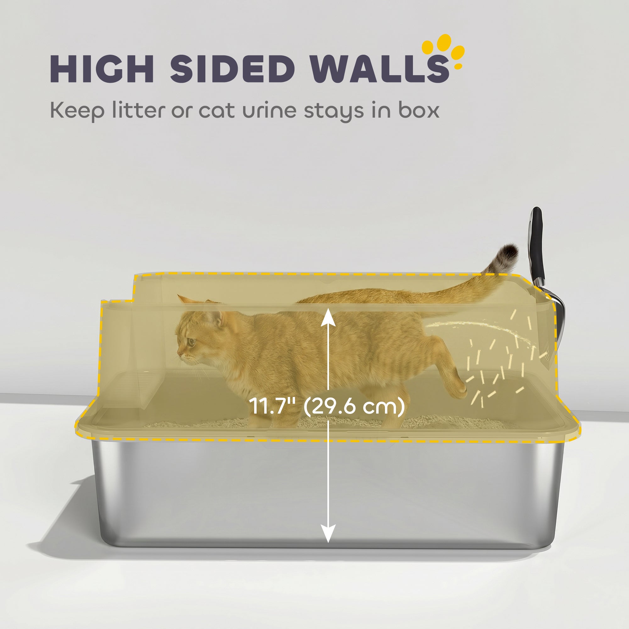 XL Stainless Steel Cat Litter Box for Big and Multiple Cats with High Wall Side, Scoop, Easy Cleaning & Odor Free
