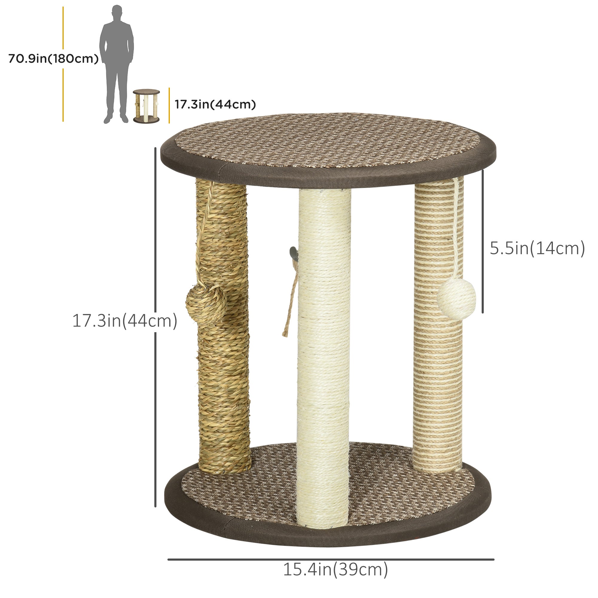 17" Cat Tree, Kitty Activity Centre with Hanging Toys, Cat Tower with Jute, Sisal, Seagrass Scratching Post, Brown