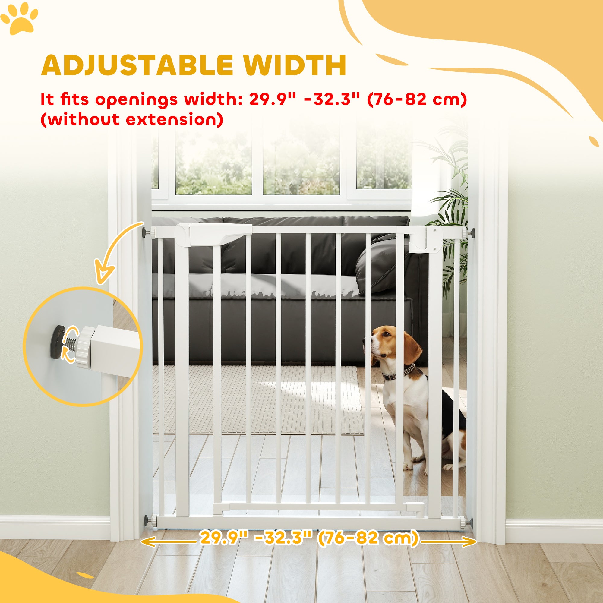 Baby Gate, Pet Safety Gate Pressure Fit, 30"-32" Wide with Two-Way Open, Auto-Close for Stair, Doorways, Hallways, White