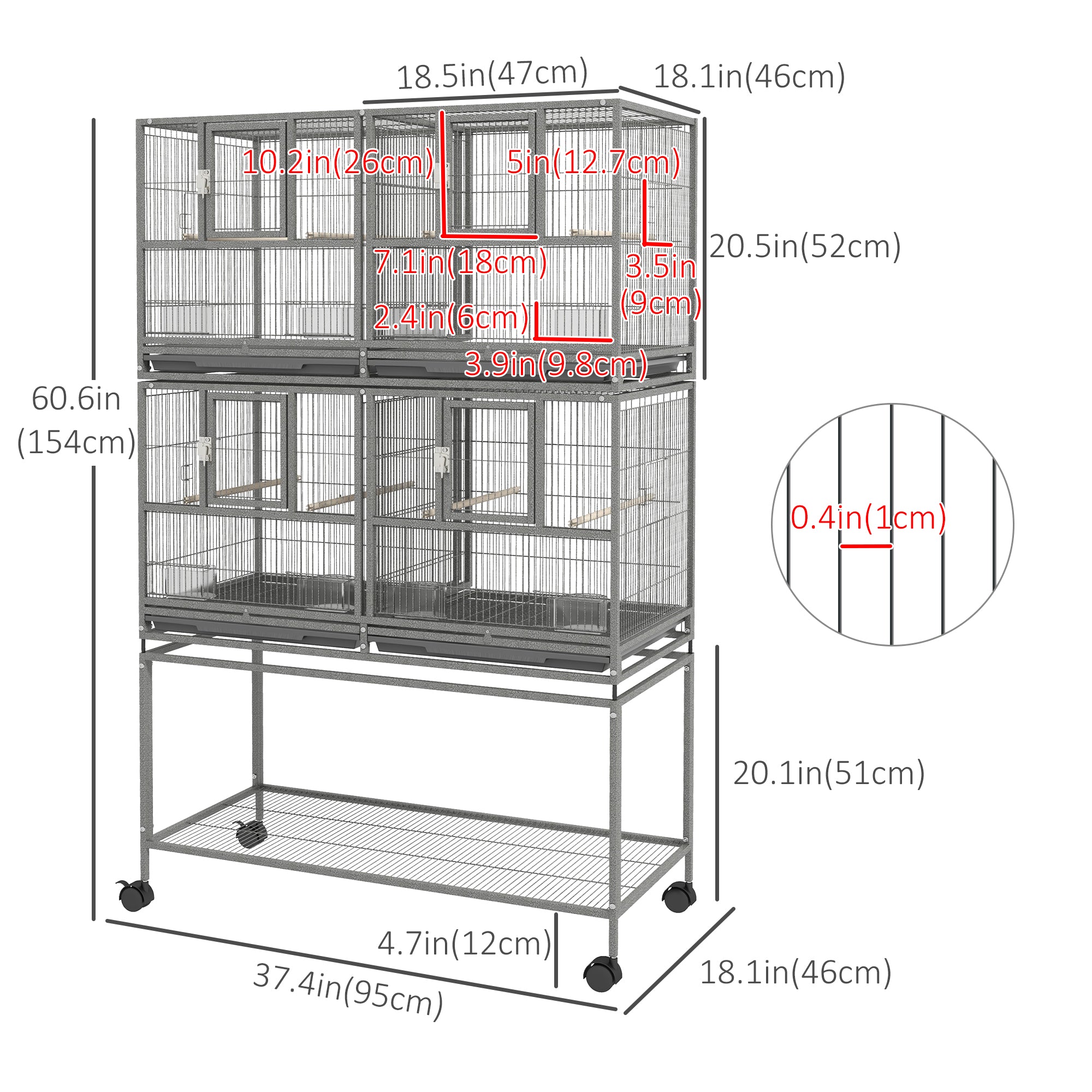 61"H Divided Breeder Bird Cage with Rolling Stand Removable Metal Tray, Storage Shelf, Wood Perch, and Food Container, Dark Grey