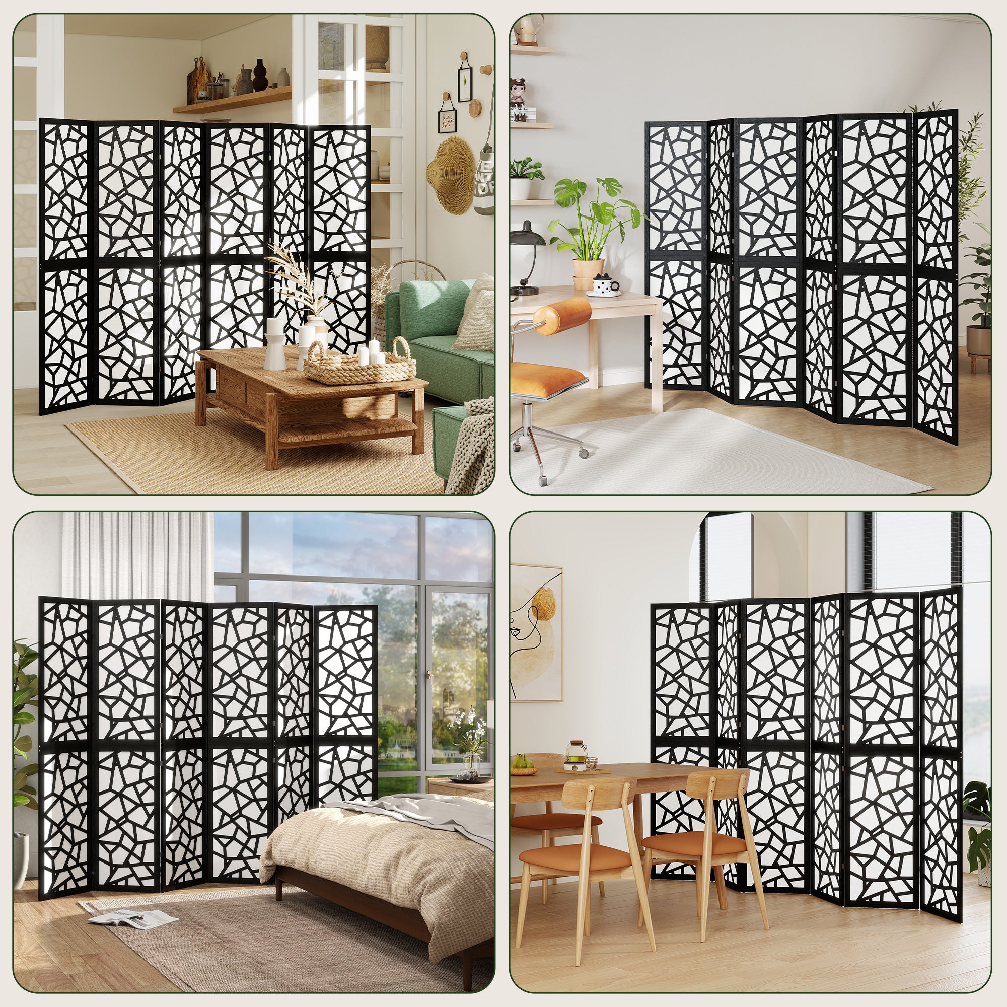 6 Panel Room Divider, 5.6 FT Lightweight Folding Privacy Screen with Geometric Pattern for Living Room, Bedroom, Black