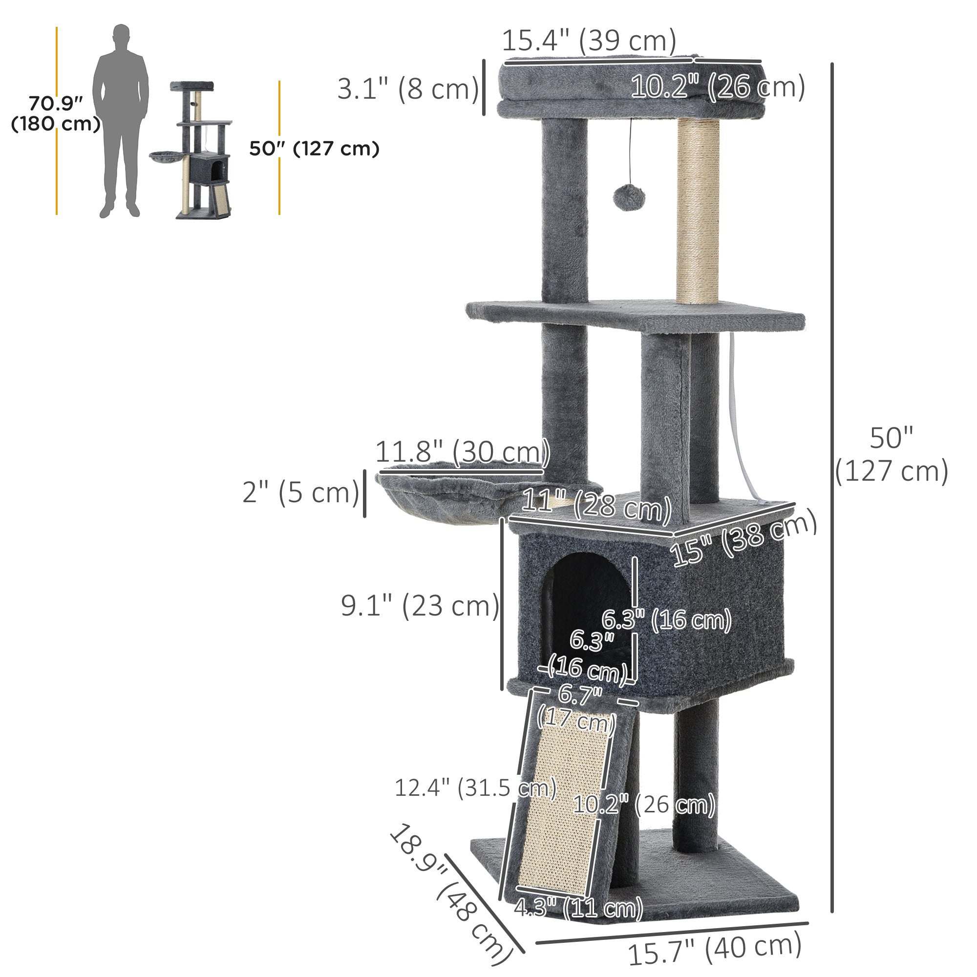 50 Inch Cat Tree, Multi-Level Cat Tower with Sisal Scratching Posts and Ramp, Bed, Condo, Hammock, Toy Ball, Grey