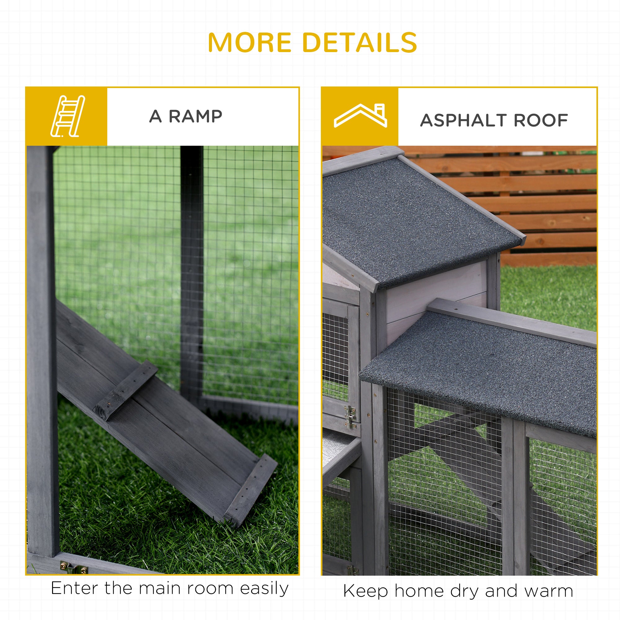 Clapier en bois pour lapin, cage extérieure pour petit animal, toit en asphalte avec rampe et enclos extérieur, gris foncé
