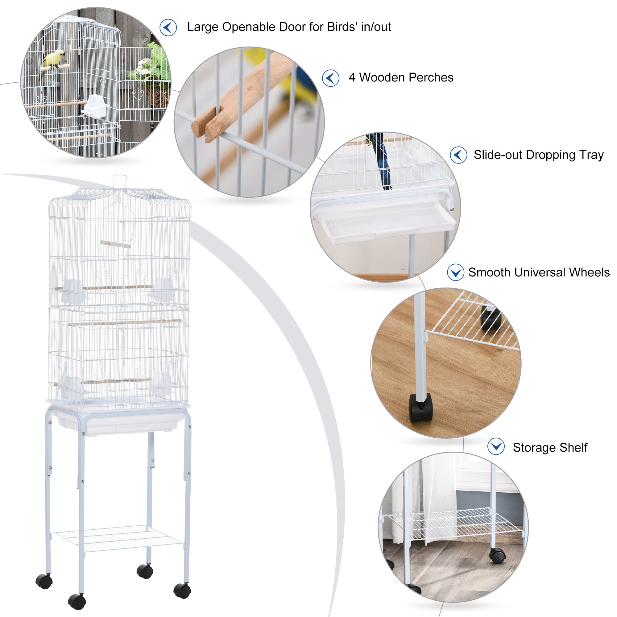 62" Rolling Bird Cage Cockatoo House Play Top Finch Pet Supply with Storage Shelf, Wheels - White