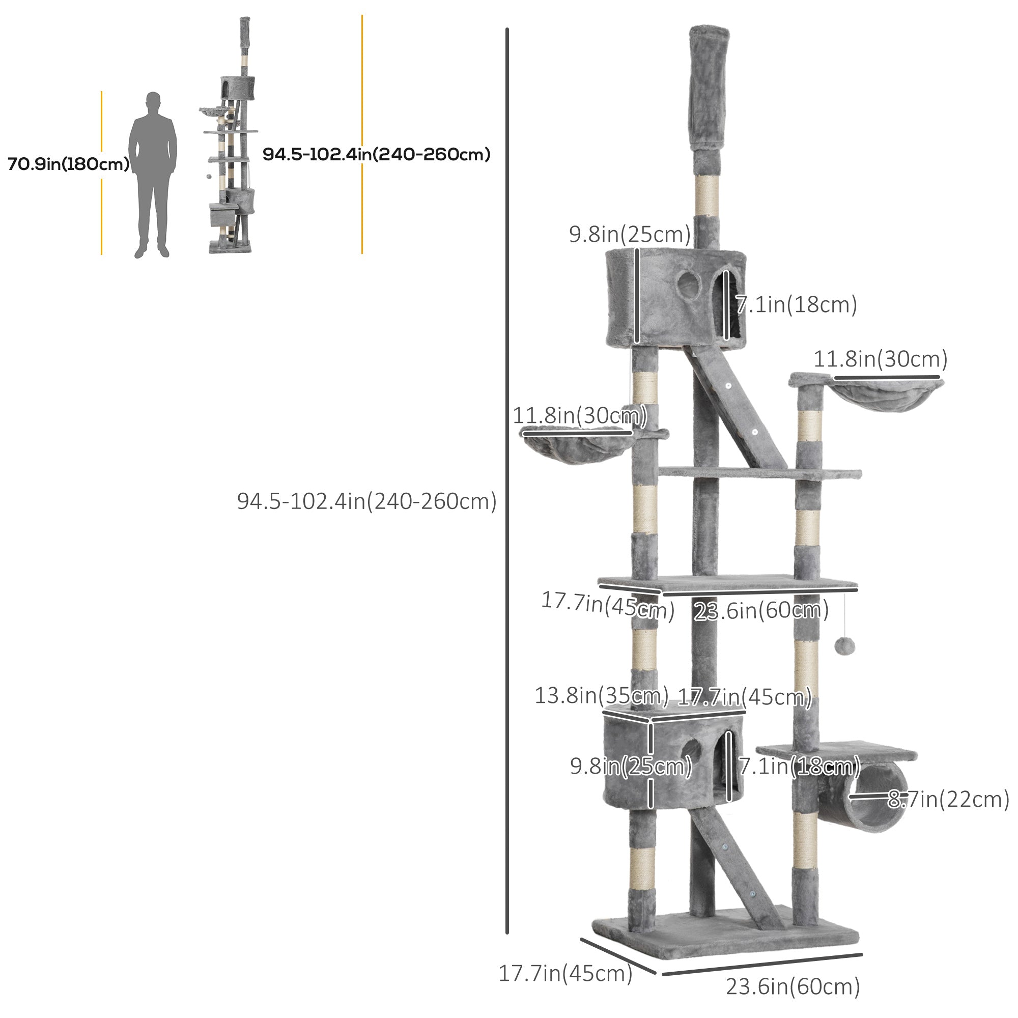 Arbre à chat géant de 94"-102" de hauteur, condo pour chat allant jusqu’au plafond, poteau à griffer, centre d’activités, maison de jeu multiniveau, gris clair