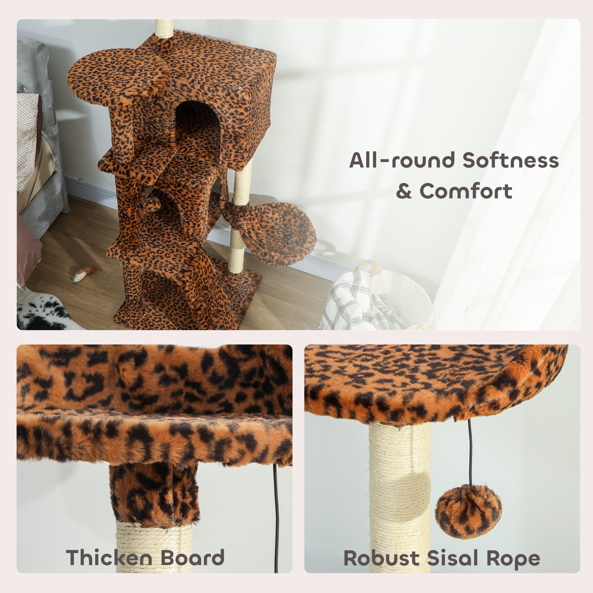 63 Inch Cat Tree with Sisal Scratching Posts, Condos, Plush Perches, Hammock, Ladder, Dangling Balls, Leopard Print
