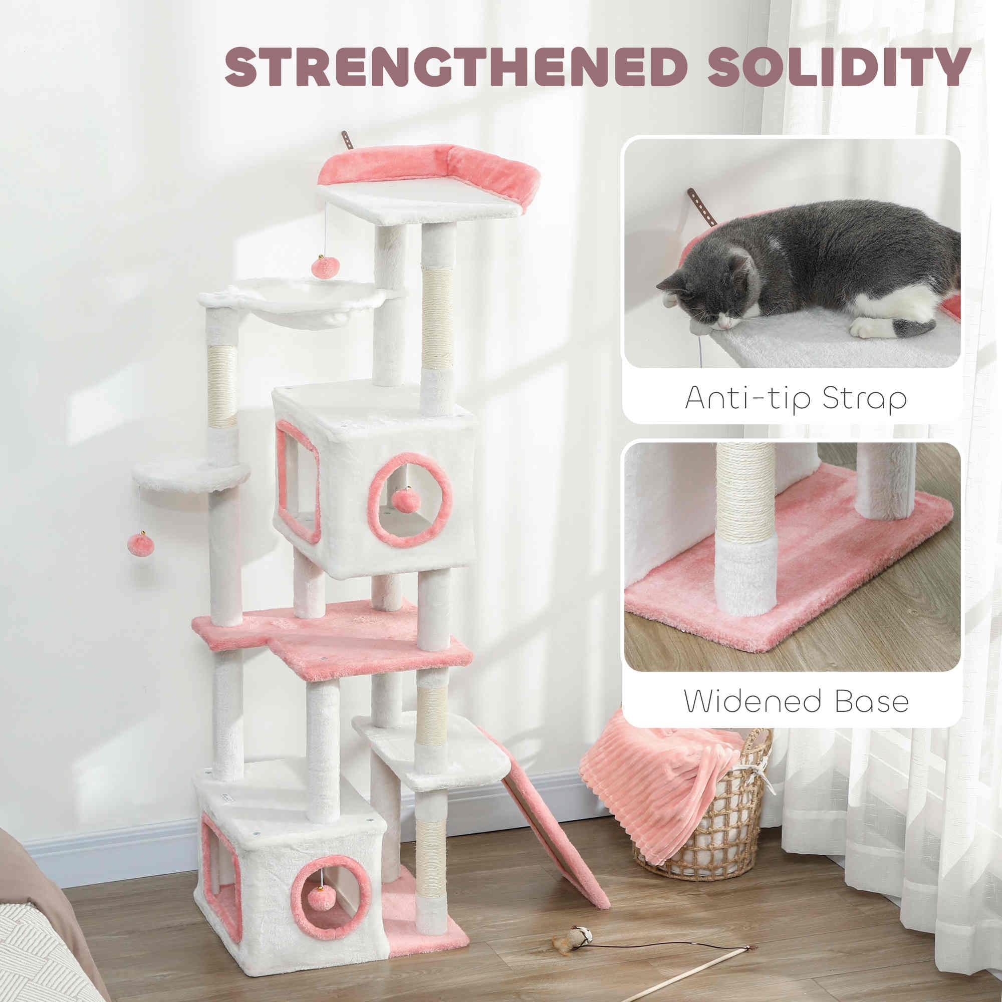 Arbre à chat de 65 pouces avec 2 niches fermées, perchoir supérieur moelleux, hamac, poteaux à griffer en sisal, 4 pompons, rampe, blanc