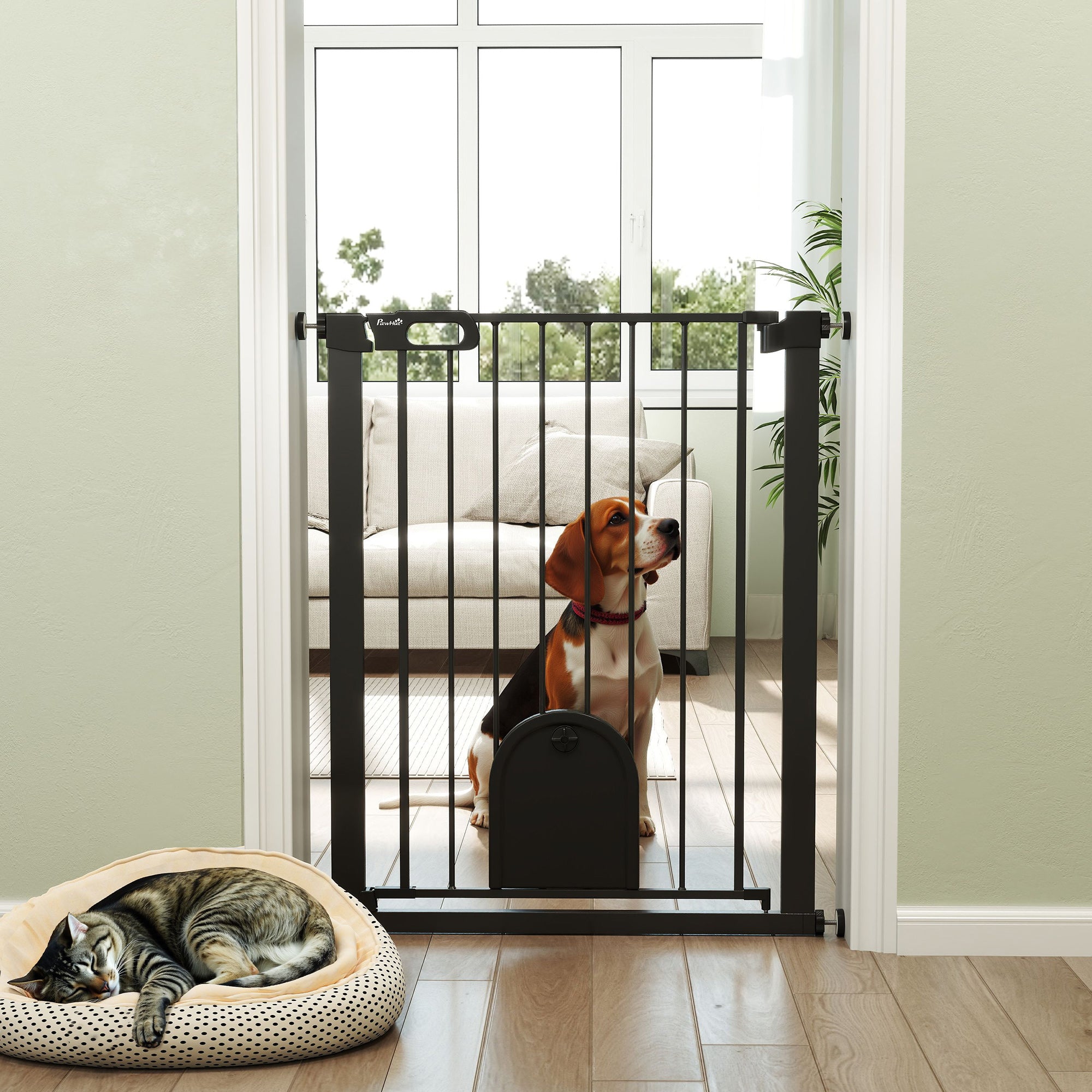 30"-32" Extra Wide Pet Gate Barrier with Small Door, 35"H Dog Gate with Safety Gate Barrier, Stair Pressure Fit, Black