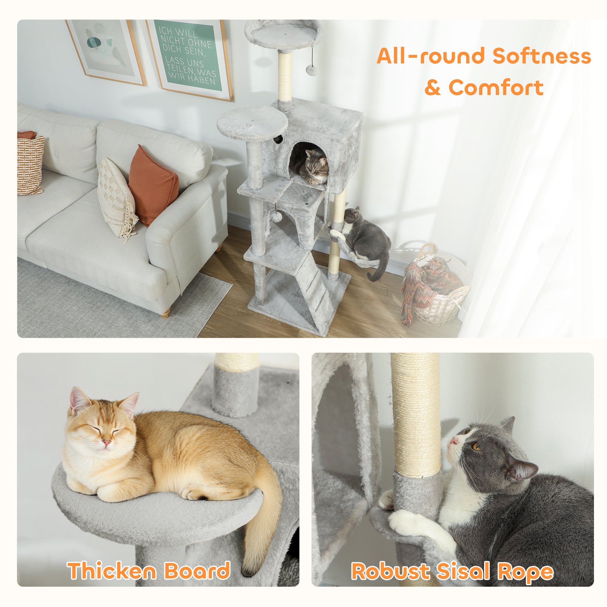 63 Inch Cat Tree with Sisal Scratching Posts, Condos, Plush Perches, Hammock, Ladder, Dangling Balls, Light Grey