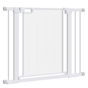 Barrière métallique pour animaux de 29.5"-40.6", barrière pour chiens avec porte à fermeture automatique, double verrouillage, pour embrasures de portes, escaliers et couloirs, blanche