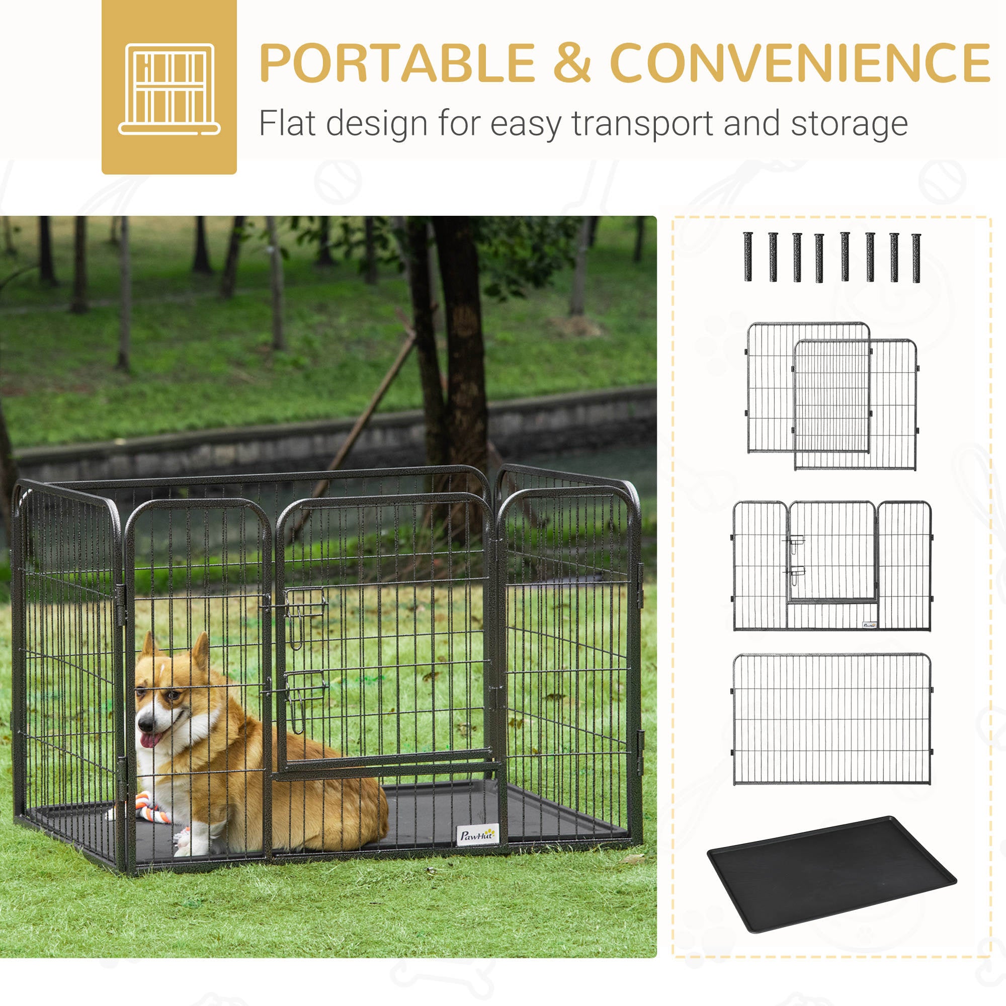 Parc pour chien à 4 panneaux, clôture pour chien robuste, parc portable pour animaux de 28" de haut avec porte à double verrouillage, bac, gris