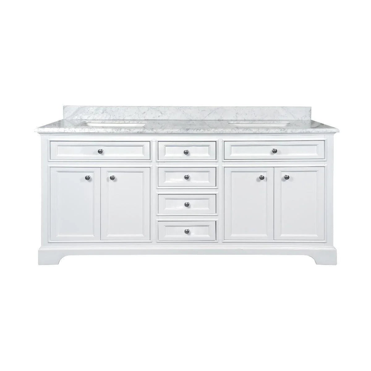72" White Freestanding Double Sink Bathroom Vanity with Carrera Marble Countertop