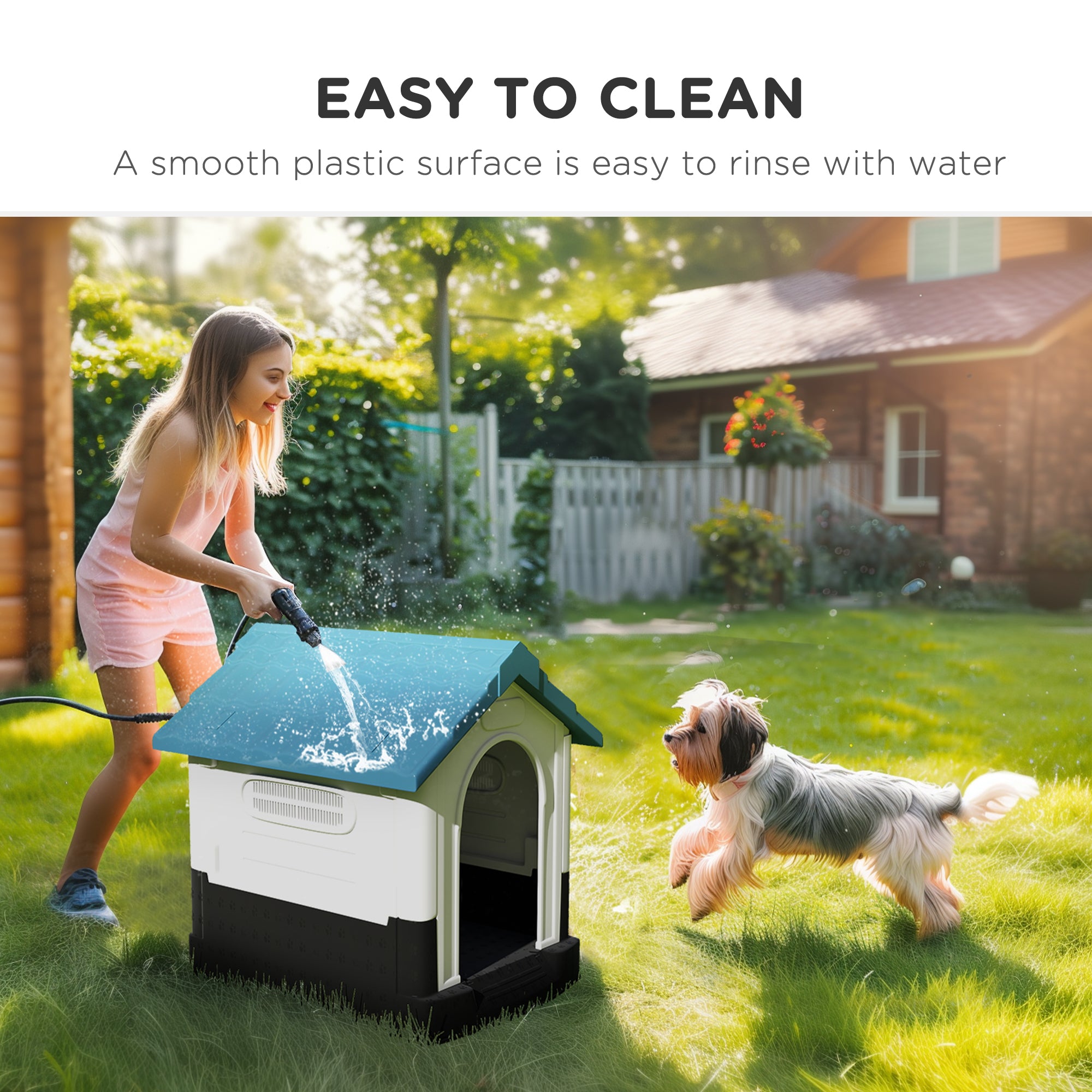 Niche extérieure pour chien avec fenêtres et support de base, pour jardin ou patio, petits chiens, 64,5 x 57 x 66 cm, bleue