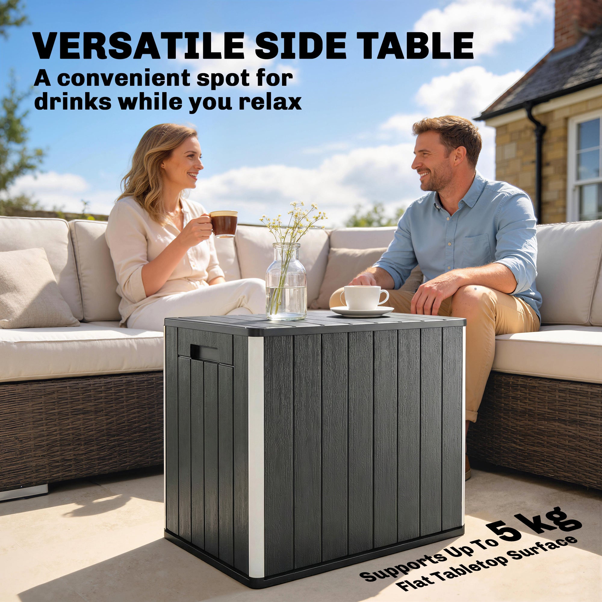 30 Gallon Outdoor Storage Box & Side Table with Umbrella Holder